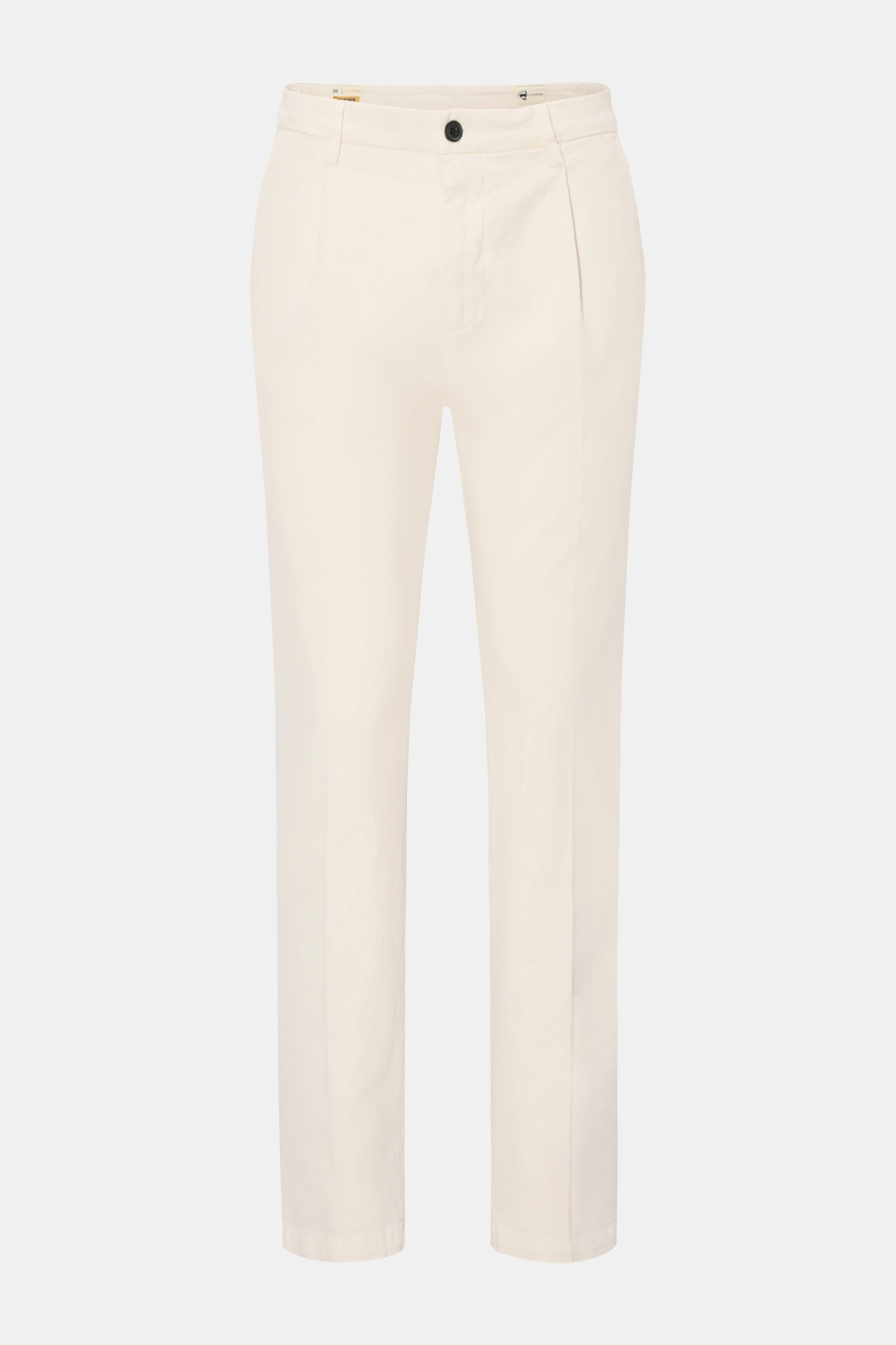 Frontale Ansicht der Mason's Chino 'Osaka Style' sand aus Twill Baumwolle und Wolle, Regular Fit, schmal zulaufend, garment dyed, mit Zip Fly, Bundknopf, französischen Taschen, einfacher Bundfalte und paspelierten Gesäßtaschen mit Knopf, leicht elastisch 