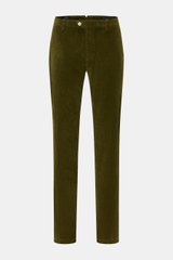 Front view of Mason's Corduroy trousers 'New York Style' olive, slim fit with tapered cut, zip and waist buttons, French and jetted back pockets, soft cotton and lyocell fabric with slight stretch.

<p>Comfort and style: The corduroy trousers 'New York St
