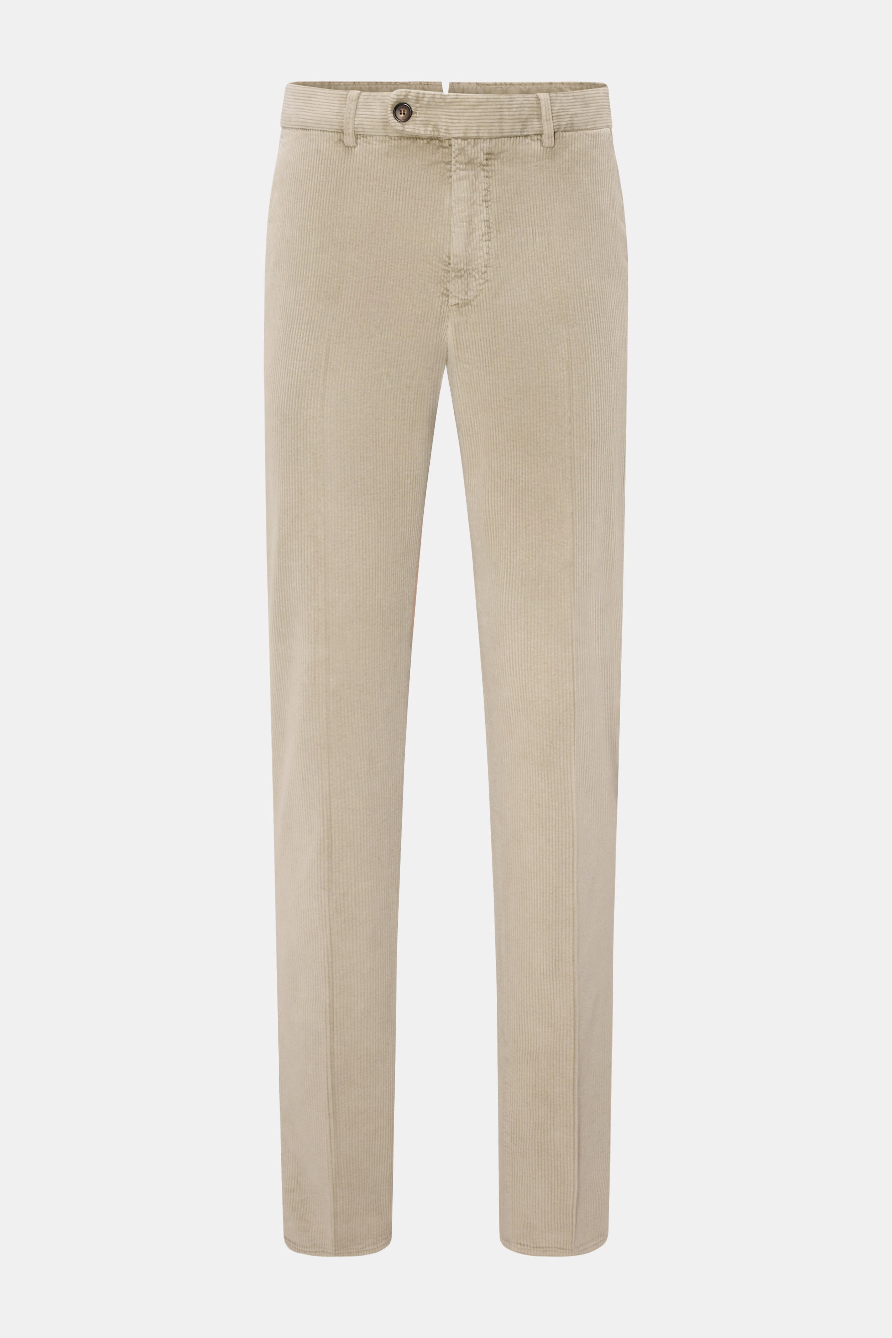 Incotex Cordhose beige aus Baumwoll-Microfaser-Cord, garment dyed, Tapered Fit, knöchellang, mit Reißverschluss, Bundknopf, französischen Taschen, Uhrentasche, Gesäßtaschen mit Knopf und kleinem Weblabel, frontale Ansicht.