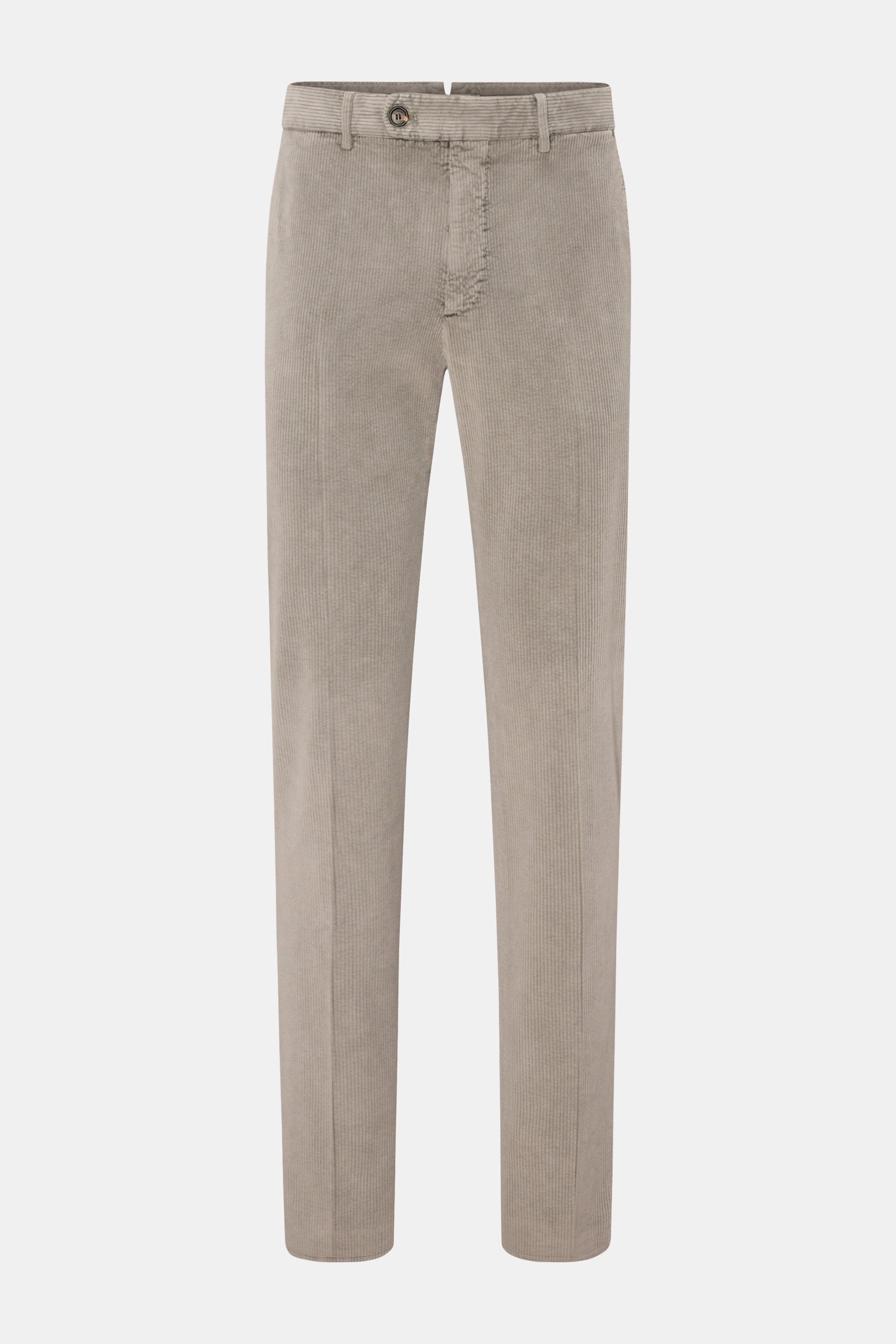 Incotex Cordhose taupe, frontale Ansicht, aus Baumwoll-Cord mit weichem Griff, garment dyed, Tapered Fit, knöchellang, Bundknopf, Reißverschluss, französische Taschen, kleine Uhrentasche, Gesäßtaschen mit Knopf, kleines Weblabel am Bund.