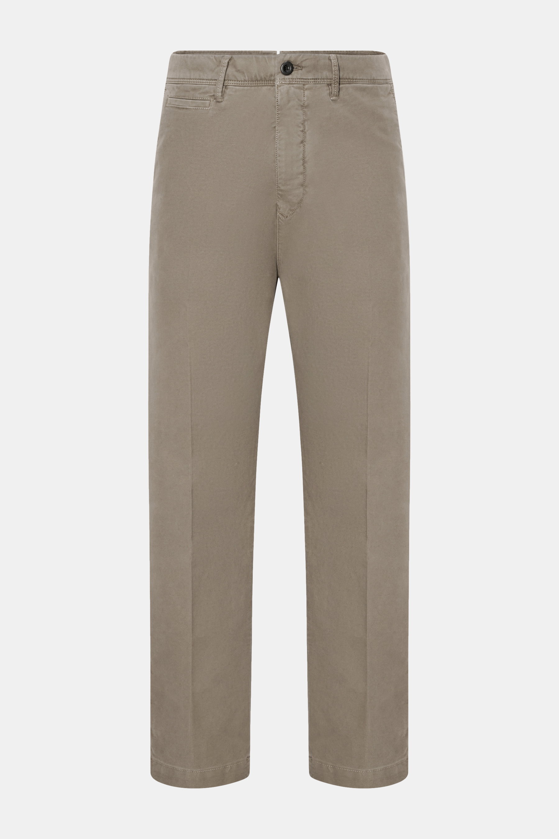 Incotex Slacks Baumwollhose taupe im Tapered Fit aus Baumwoll-Twill mit leichtem Stretch, frontale Aufnahme, Reißverschluss, Bundknopf, Taschen.