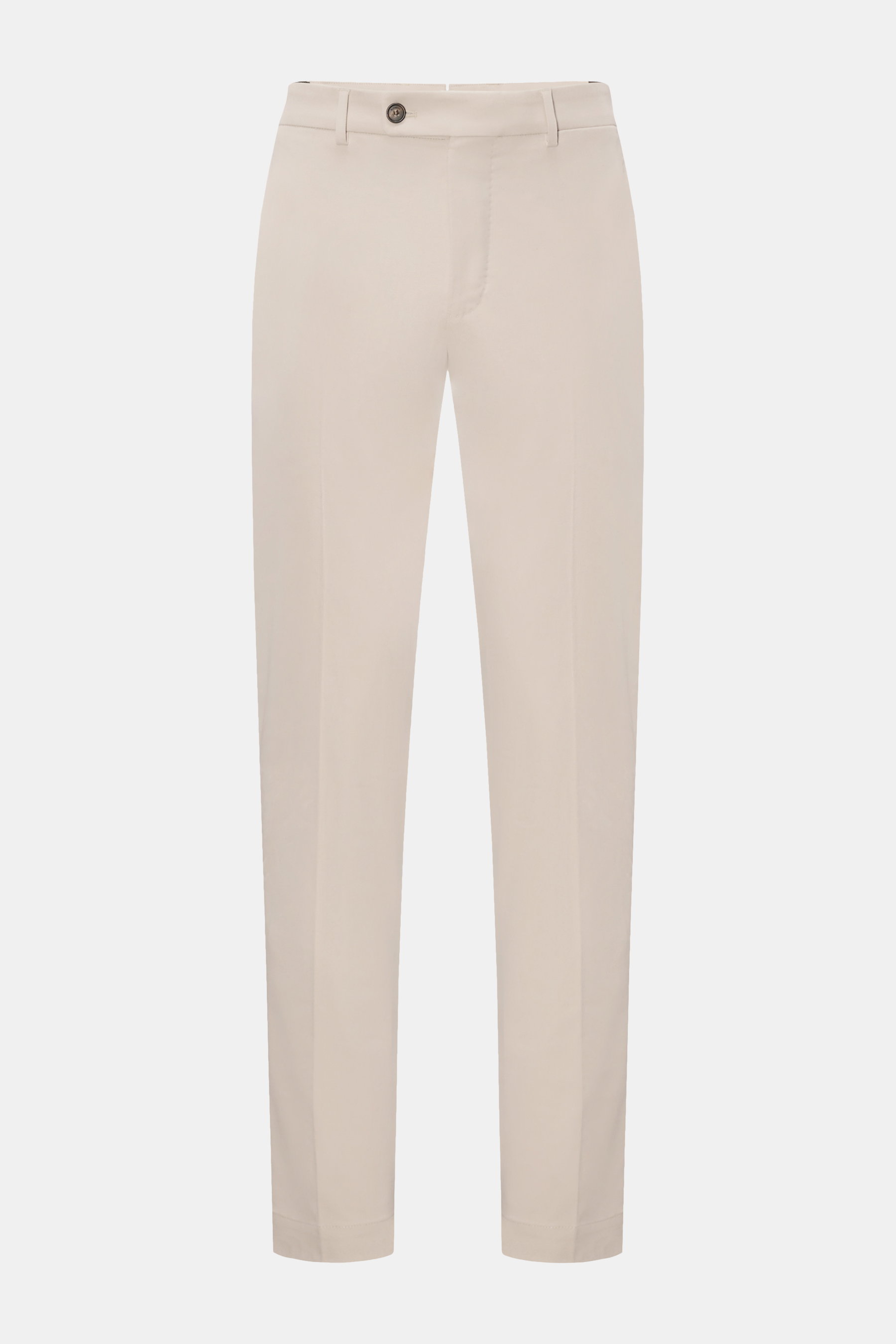 Incotex Chino 'High Comfort' hellgrau, frontale Nahaufnahme, Slim Fit, elastischer Bund, Baumwoll-Twill, französische Taschen, schmal zulaufend.
