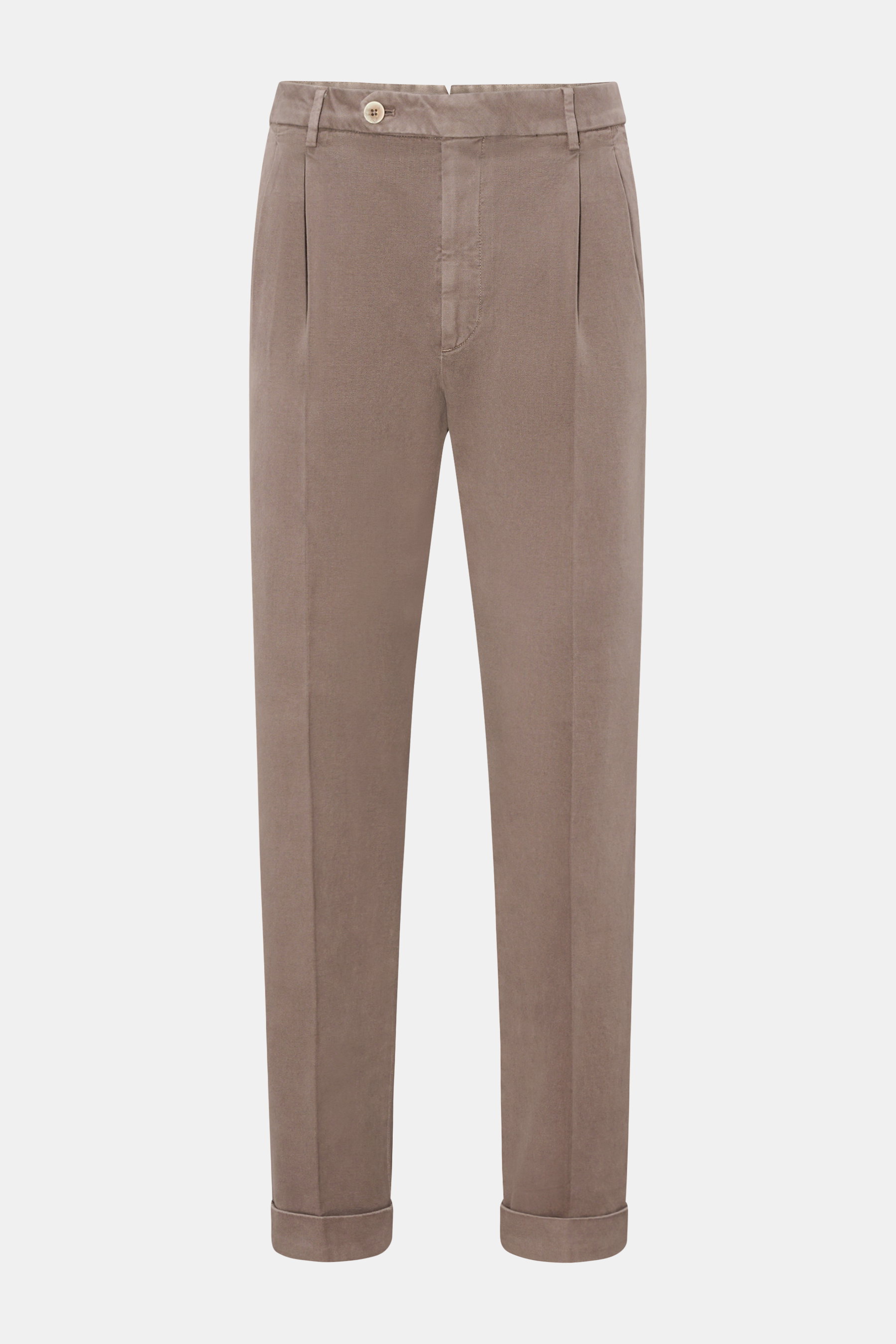 GTA Hose 'Luca' taupe, frontal fotografiert, schmal zulaufender Tapered Fit, Baumwoll-Modal-Mix, doppelte Bundfalte, fixierter Saumaufschlag.