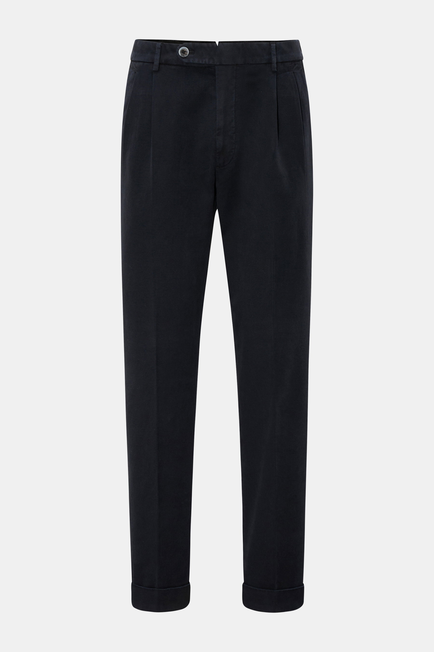 GTA Hose 'Luca' navy aus Baumwoll-Modal-Mix, schmal zulaufend mit doppelter Bundfalte und fixiertem Saumaufschlag, frontale Ansicht.