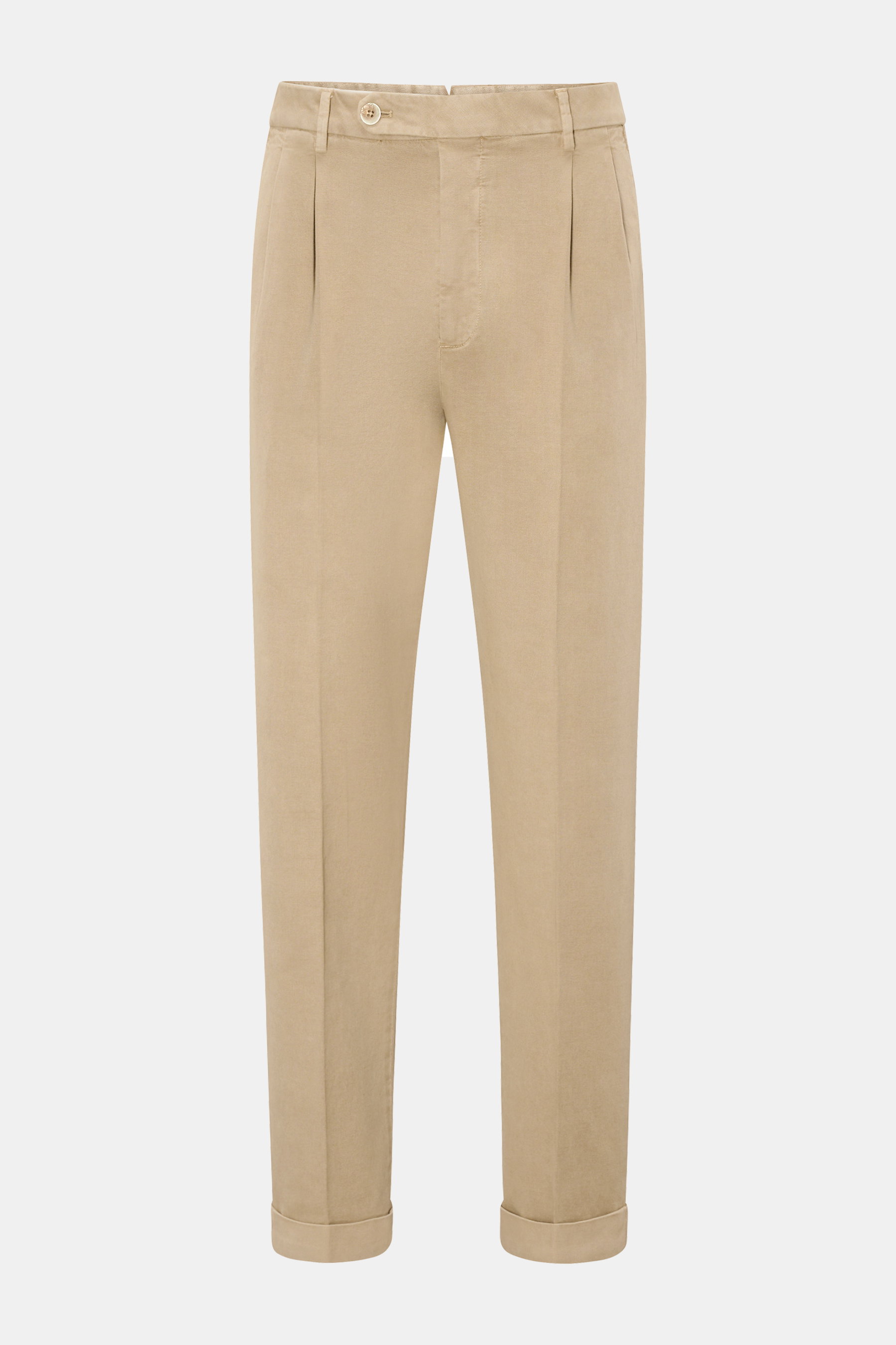 GTA Hose 'Luca' beige, frontale Nahaufnahme, Baumwoll-Modal-Mix, Tapered Fit, doppelte Bundfalte, Saumaufschlag, französische Taschen.