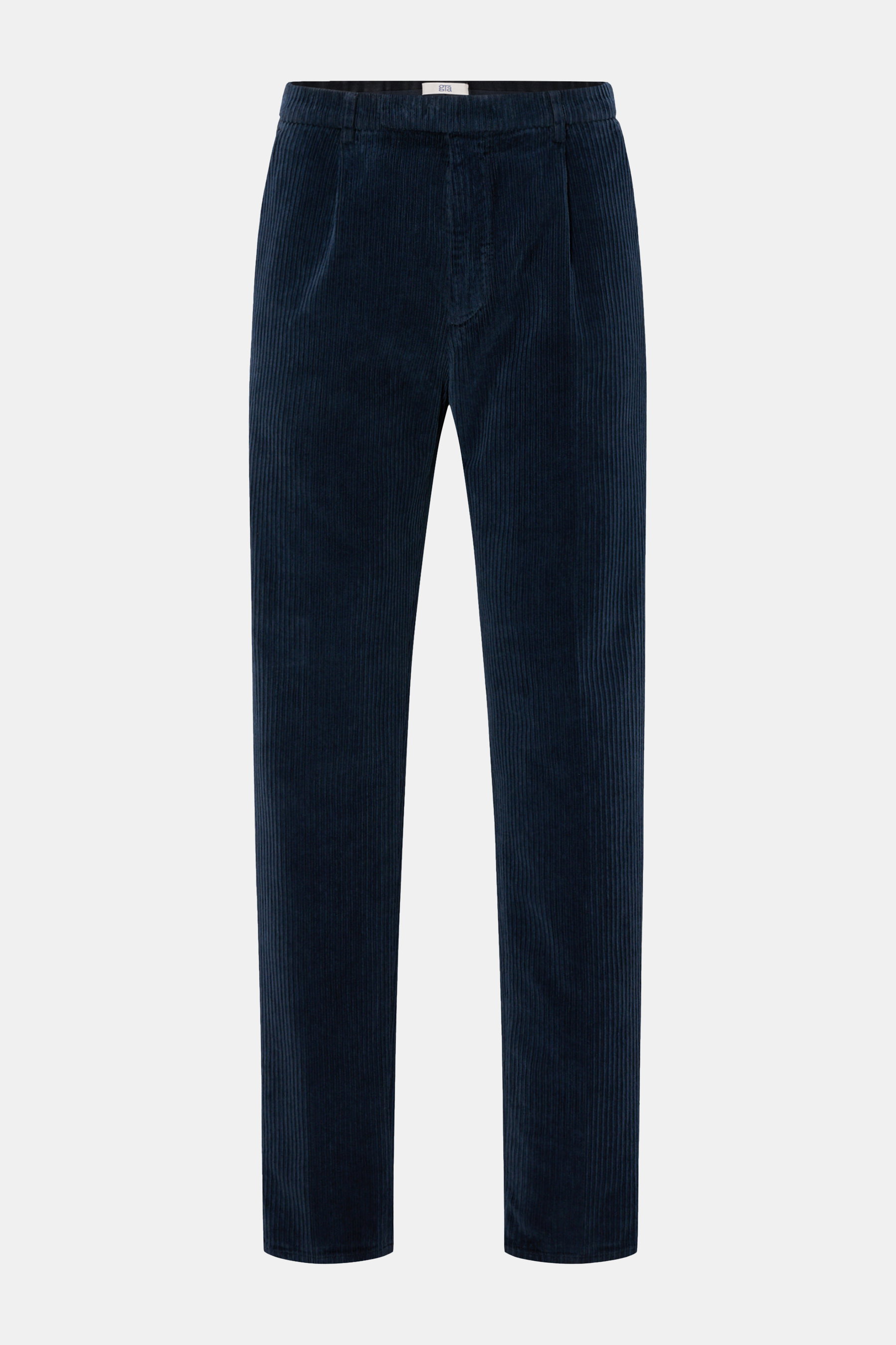 GTA Cordhose 'Silvio' navy aus Baumwoll-Cord, Regular Fit, leicht schmal, mit Reißverschluss, Bundknopf, elastischem Bund, Bundfalte, französischen und Leistentaschen, Frontansicht.
