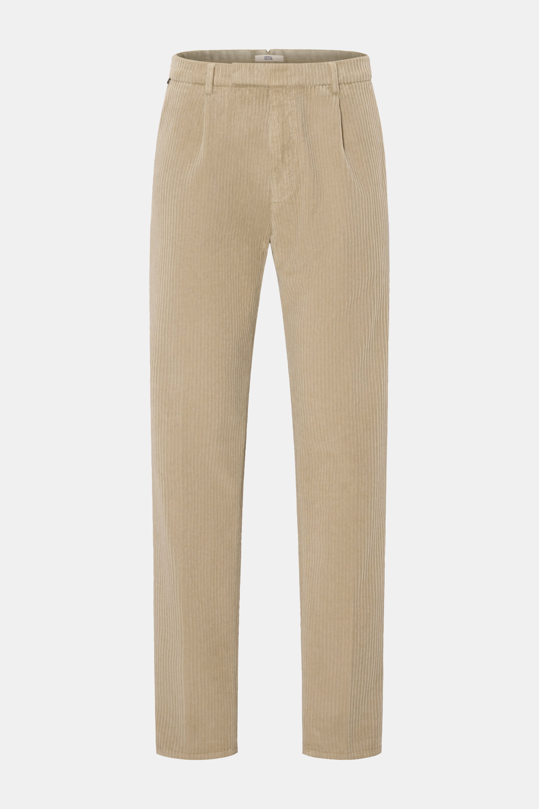 GTA Cordhose 'Silvio' beige, Frontansicht, aus Baumwolle Cord, Regular Fit, leicht elastisch, weicher Griff, schmal zulaufend, Bundfalte, französische Taschen, Leistentaschen, Reißverschluss, Bundknopf, elastischer Bund.
