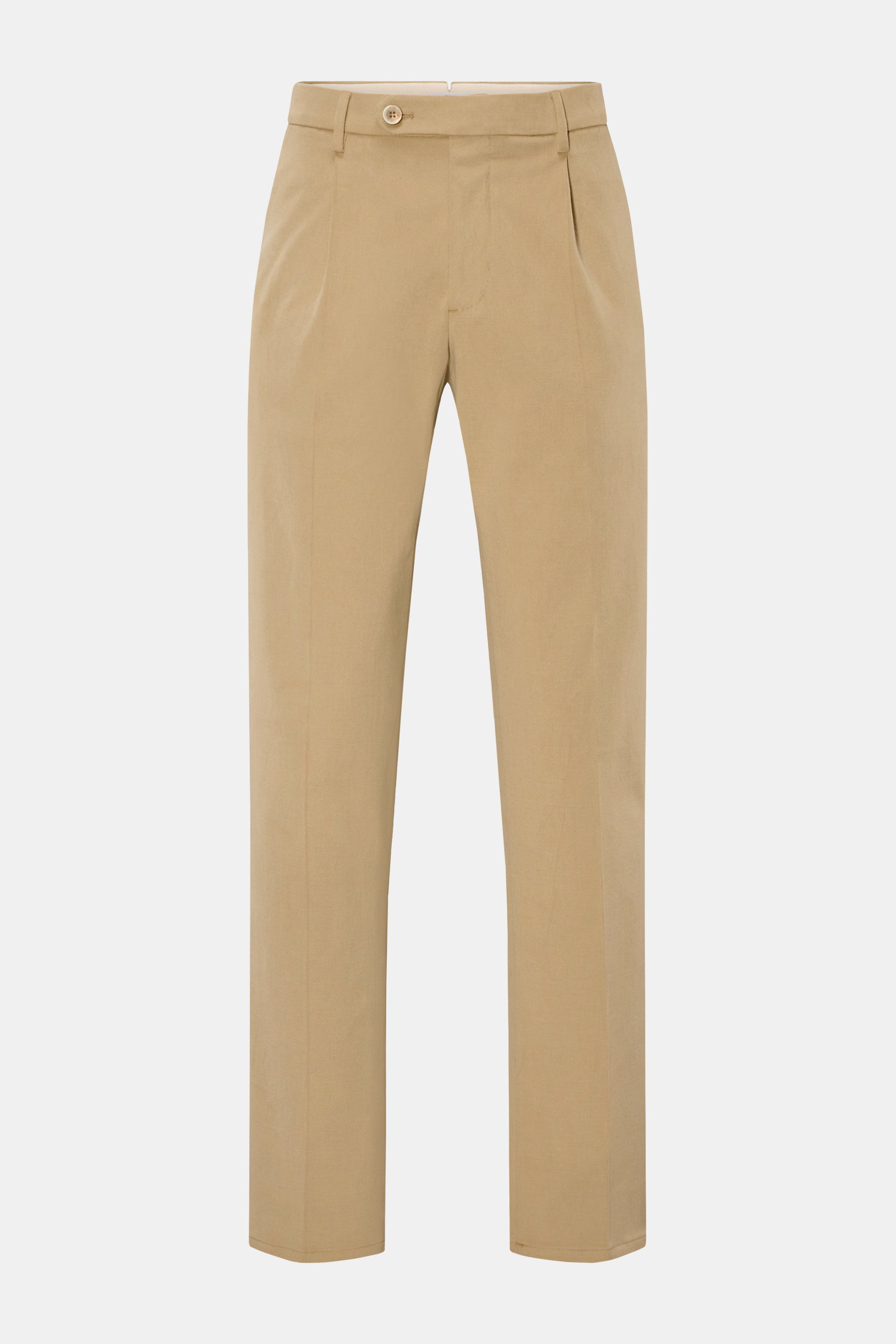 Frontansicht der GTA Chino 'Federico' beige, Twill aus Baumwolle, leicht elastische, sehr weiche Qualität, Regular Fit, schmal zulaufend, mit Reißverschluss, Bundknopf, einfacher Bundfalte, elastischem Einsatz, französischen Taschen und paspelierten Gesäß