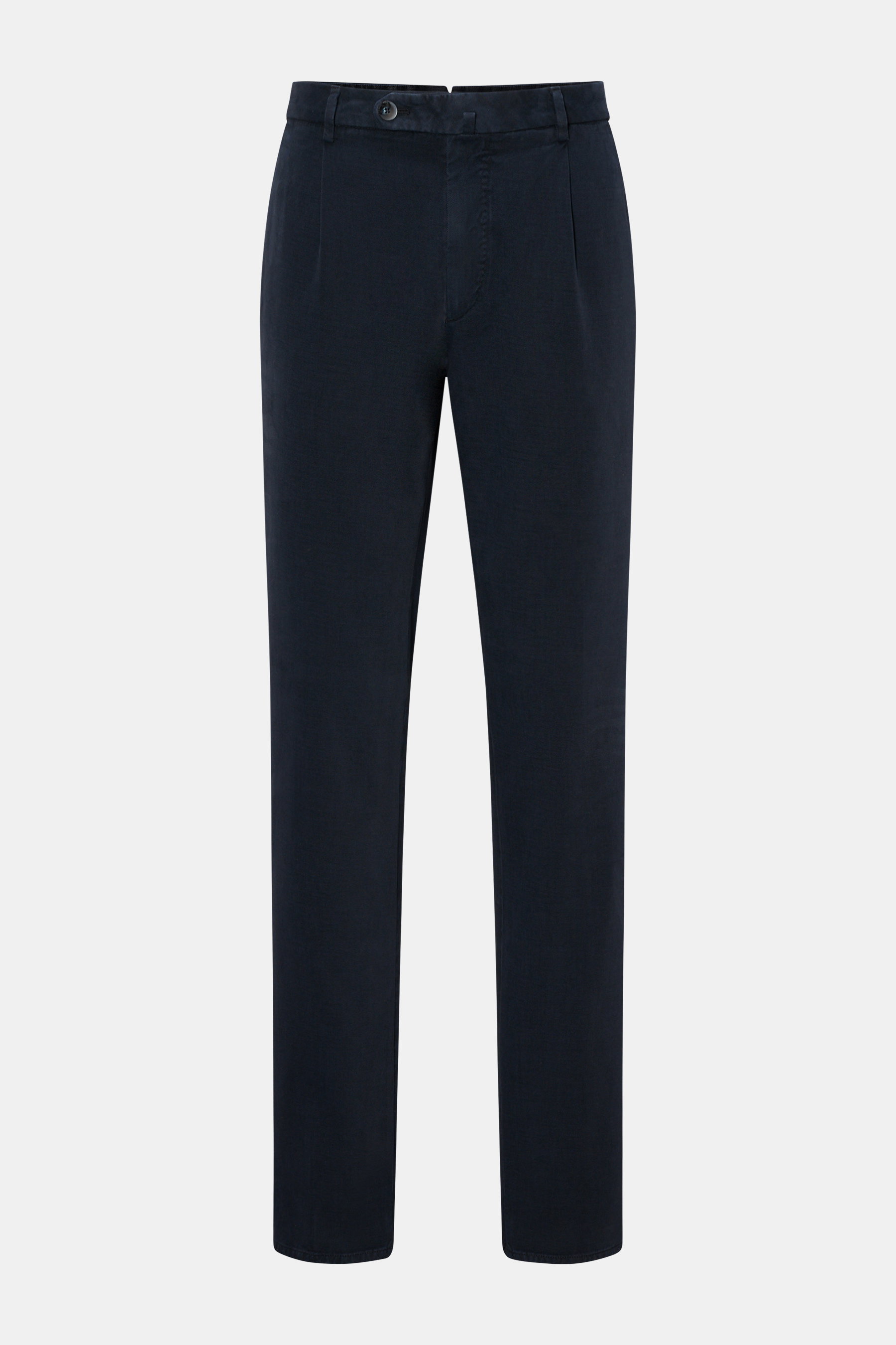 GTA Chino 'Federico' navy im Frontansicht, Twill aus Baumwolle mit Cashmere, weicher Griff, Regular Fit, schmal zulaufend, Reißverschluss, Bundknopf, Bundfalte, elastischer Bund, französische Taschen, paspelierte Gesäßtaschen mit Knopf.