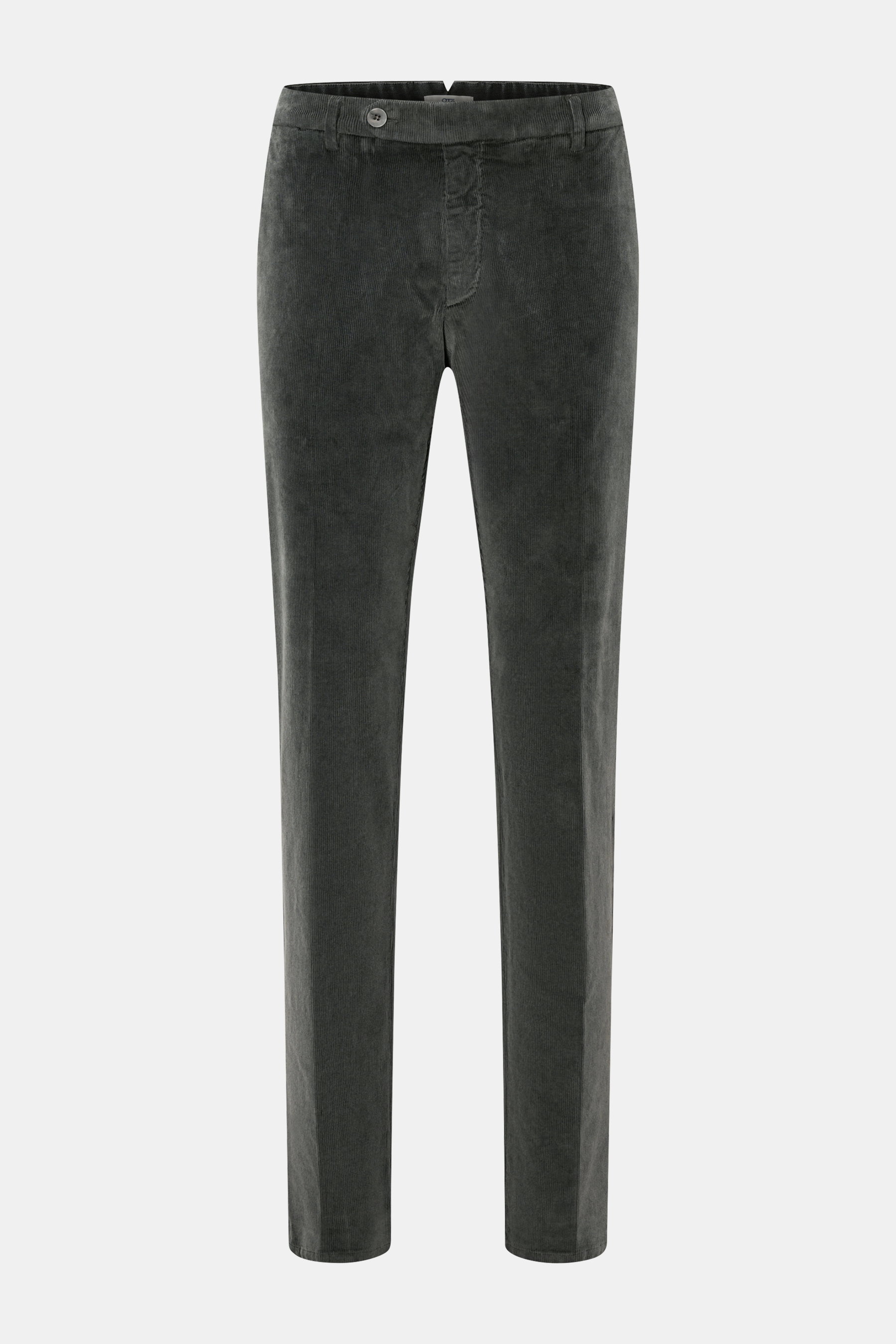 GTA Cordhose 'Federico' anthrazit aus Feincord Baumwolle und Modal, Slim Fit, leicht schmal zulaufend, Reißverschluss, Bundknopf, elastischer Bund, französische Taschen, paspelierte Gesäßtaschen mit Knopf, Frontansicht.