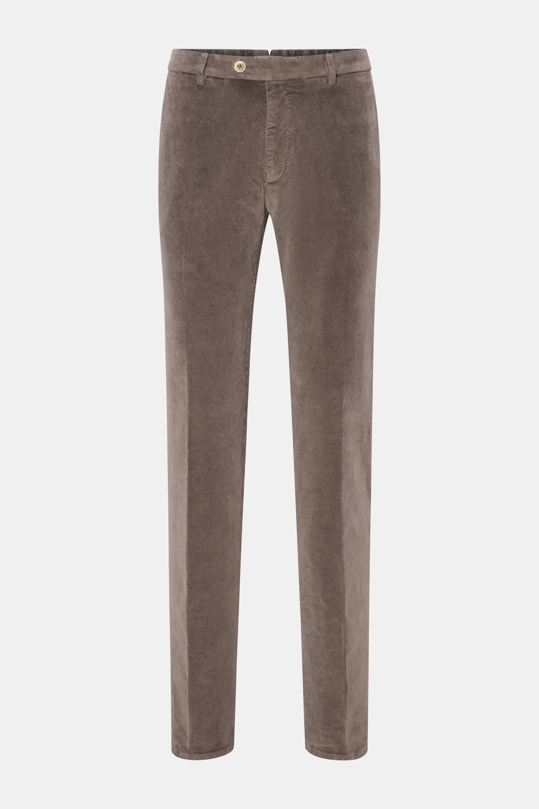 GTA Cordhose 'Federico' dunkelgrau aus Feincord (Baumwolle, Modal), Slim Fit, leicht elastisch, schmal zulaufend, Reißverschluss, Bundknopf, elastischer Bund, französische Taschen, paspelierte Gesäßtaschen mit Knopf, Frontansicht.