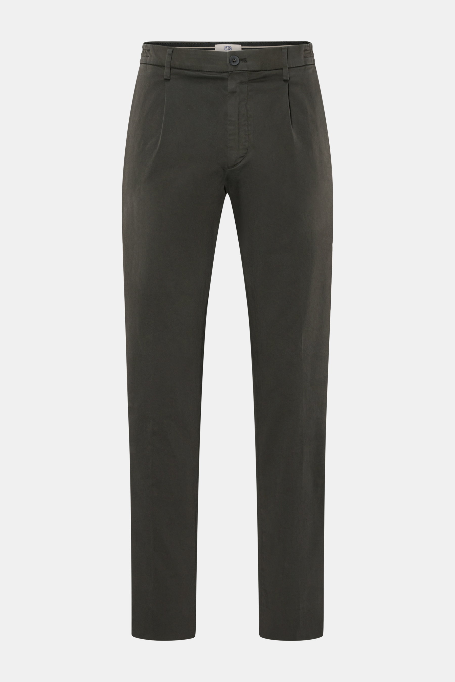 GTA Baumwollhose 'Dennis' dunkelgrau, frontale Ansicht, knöchellang, tapered Fit, weiche, leicht elastische Baumwolle, teilelastischer Bund, französische Taschen.