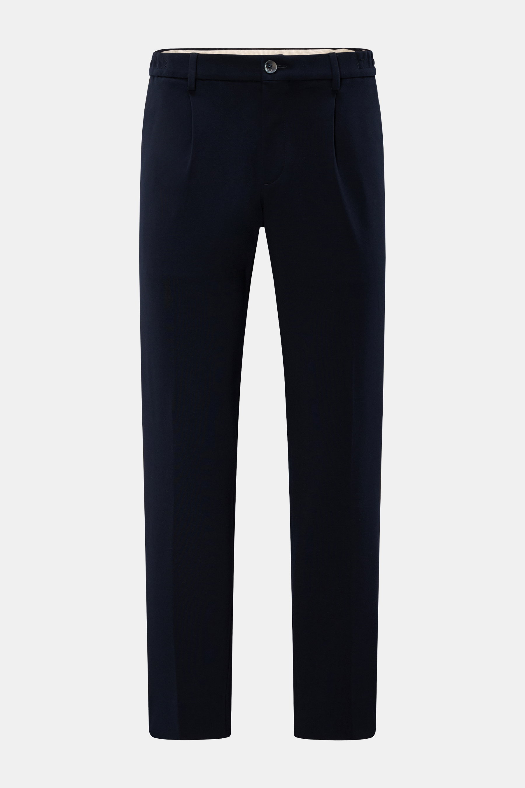 GTA Jersey-Jogpants 'Dennis' navy, frontale Ansicht, knöchellang, tapered Fit, weicher Griff aus Viskose-Microfaser-Mix, mit Bundknöpfen und Reißverschluss.