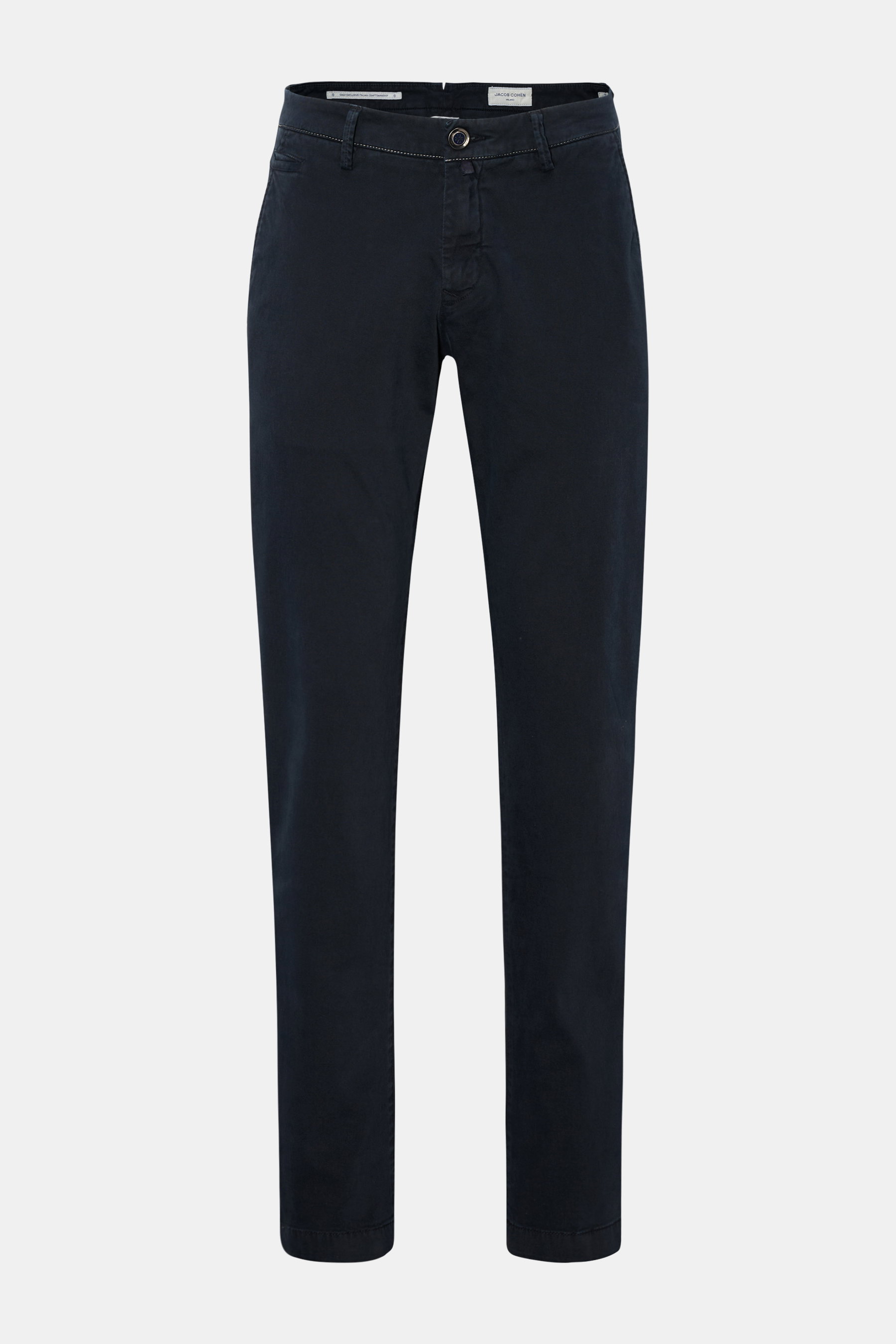 Jacob Cohen Chino 'Bobby' dark navy aus Baumwoll-Twill, slim Fit, schmal zulaufend, Reißverschluss, Bundknopf, französische Taschen, weicher Griff, garment dyed.
