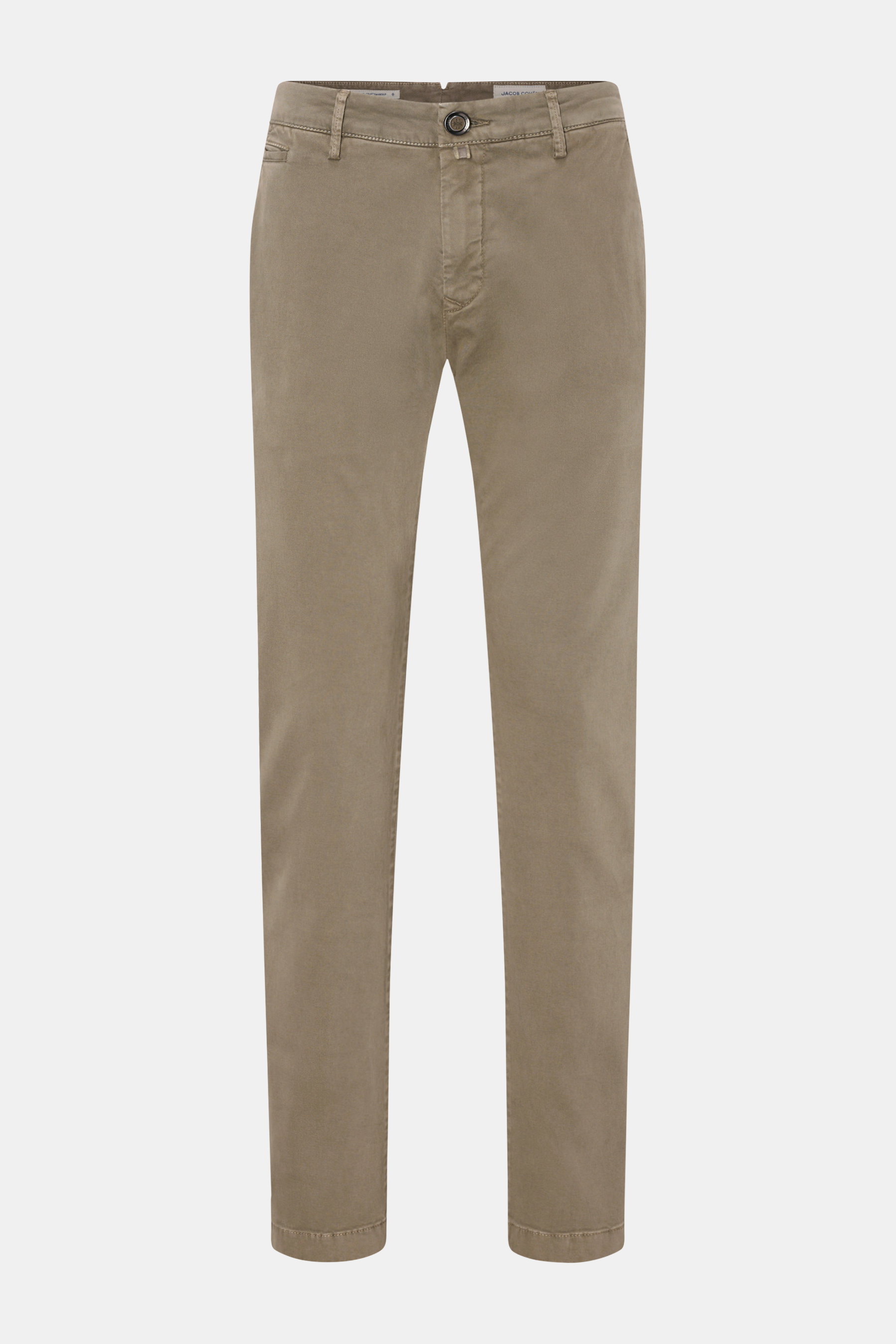 Jacob Cohen Chino 'Bobby' taupe, slim Fit Baumwoll-Twill mit Reißverschluss, Bundknopf, französischen Taschen, Vorderansicht, soft und schmal.