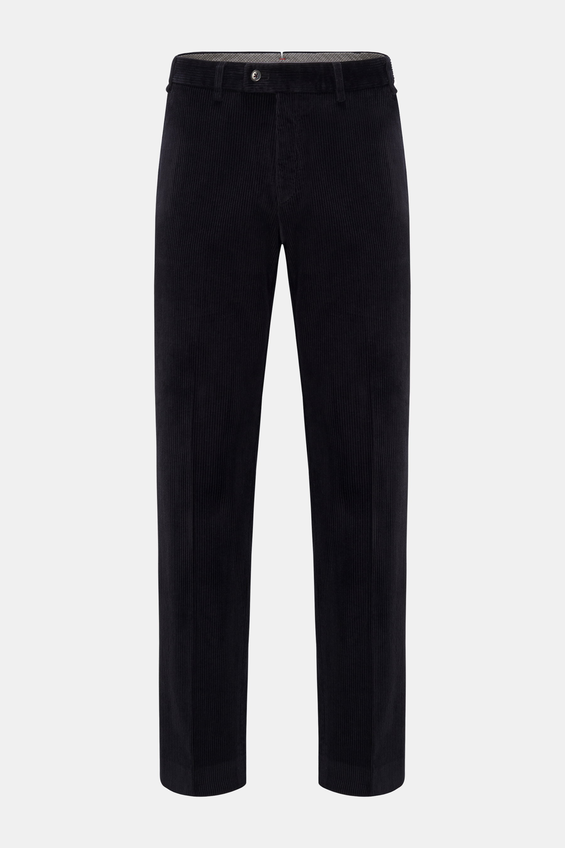 Hiltl Cordhose 'Parma' navy aus samtigem Baumwollcord, Regular Fit, gerader Schnitt, mit Reißverschluss, Bundknopf und Taschen, Frontalansicht.