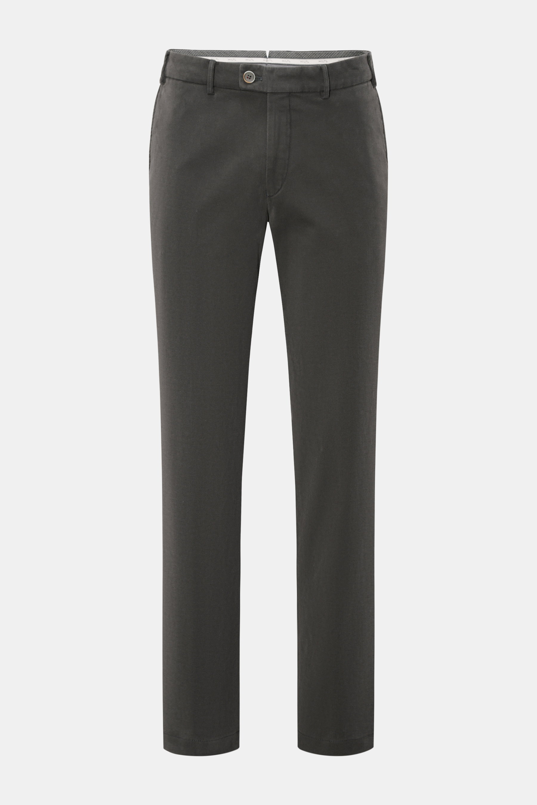 Hiltl Baumwollhose 'Parma' dunkelgrau, Slim Fit, elastisch, schmal zulaufend, Frontansicht mit Reißverschluss, Bundknopf, französischen Taschen.