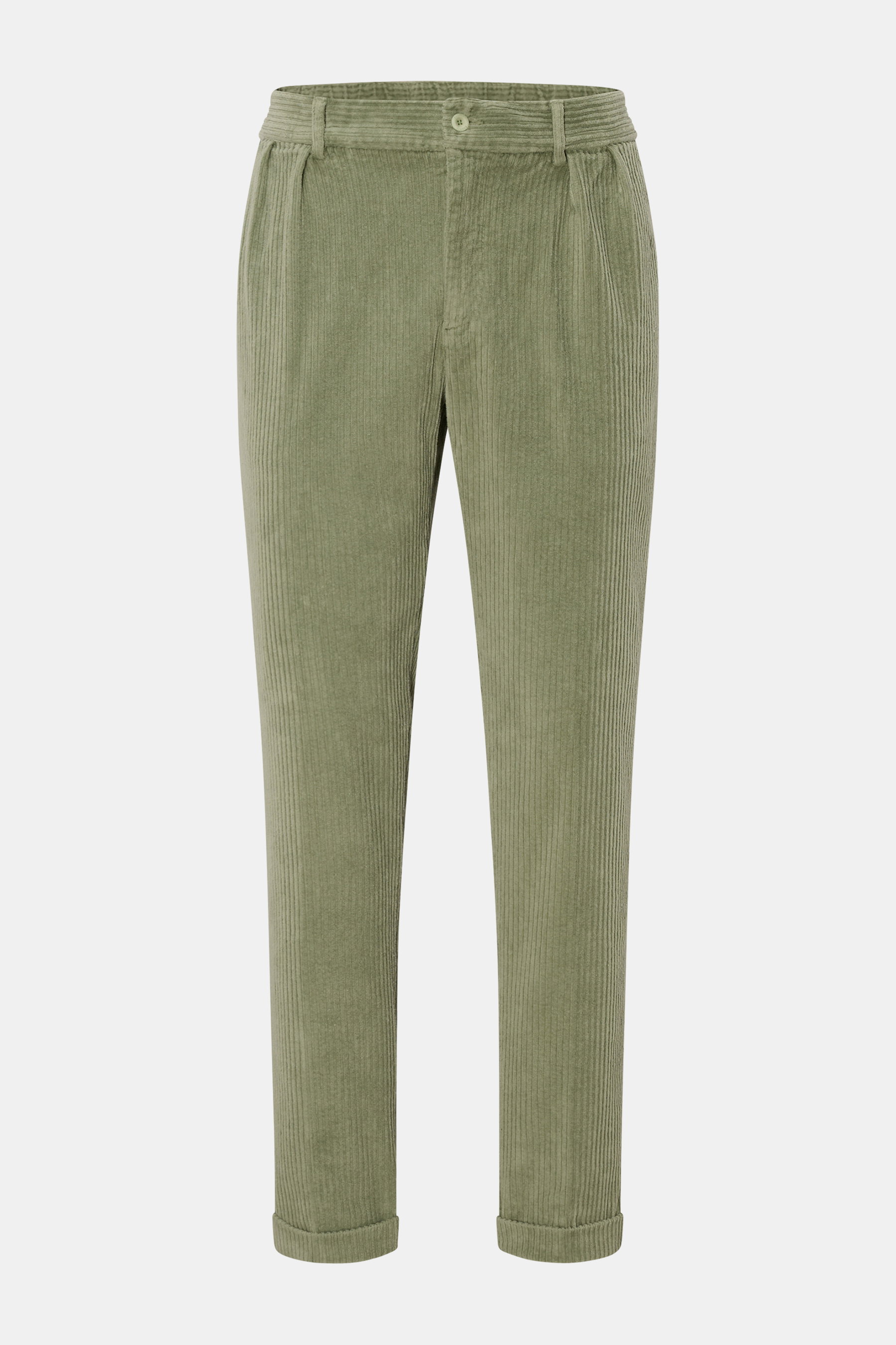 Frontansicht der graugrünen 04651/ A trip in a bag Cordhose aus Baumwoll-Cord mit doppelter Bundfalte, französischen Taschen, Tapered Fit und fixiertem Saumaufschlag.