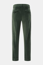 Grüne 04651/ A trip in a bag Cordhose aus Baumwoll-Modal-Cord, slim fit, knöchellang, mit teil-elastischem Bund, Reißverschluss, Knopf, Taschen, Rückansicht.