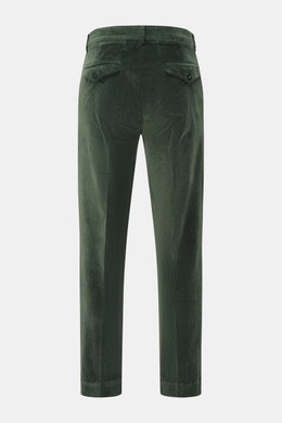 Grüne 04651/ A trip in a bag Cordhose aus Baumwoll-Modal-Cord, slim fit, knöchellang, mit teil-elastischem Bund, Reißverschluss, Knopf, Taschen, Rückansicht.