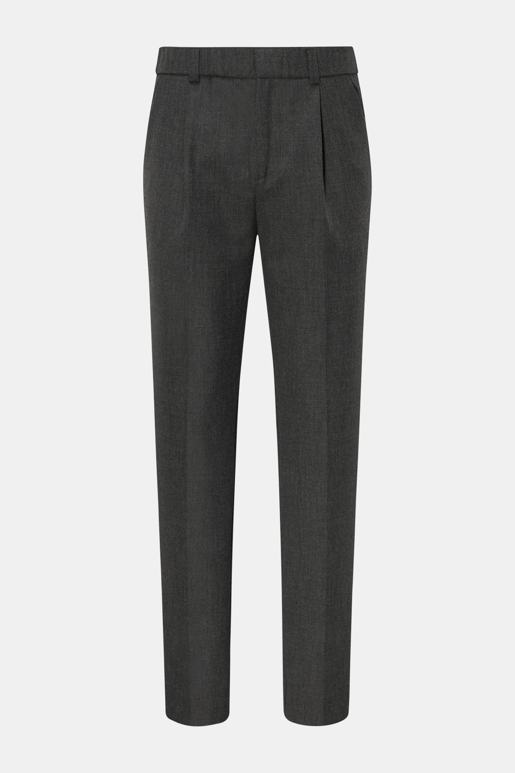 Kiefermann Hose 'Dustino' dunkelgrau meliert, slim Fit, schmal zulaufend, elastischer Bund, Reißverschluss, französische Taschen, frontal fotografiert.