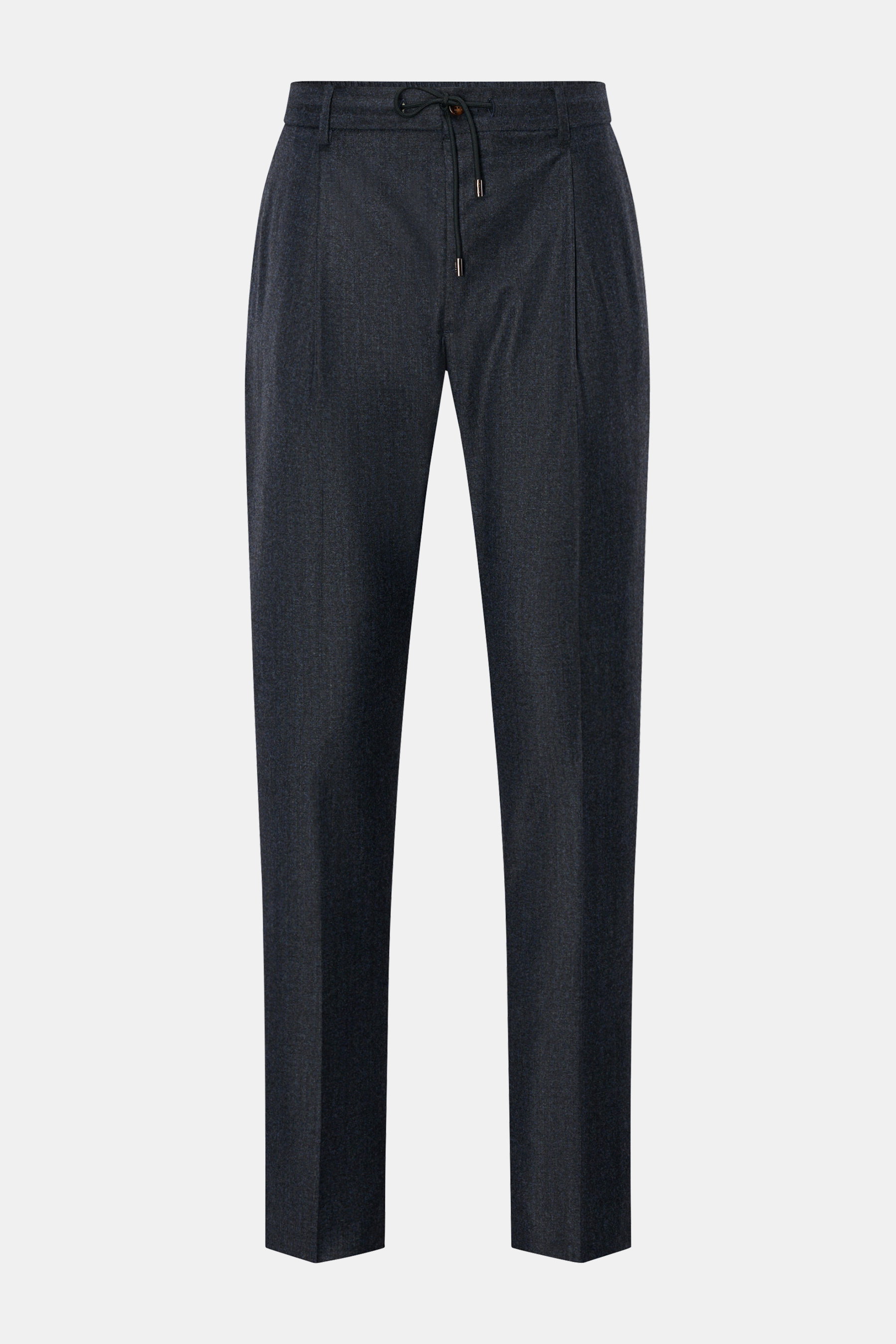 Moorer Woll-Jogpants 'Anton' dunkelblau meliert, frontale Ansicht, Regular Fit, schmal zulaufend, Bund mit Tunnelzug, Reißverschluss, französische Taschen.