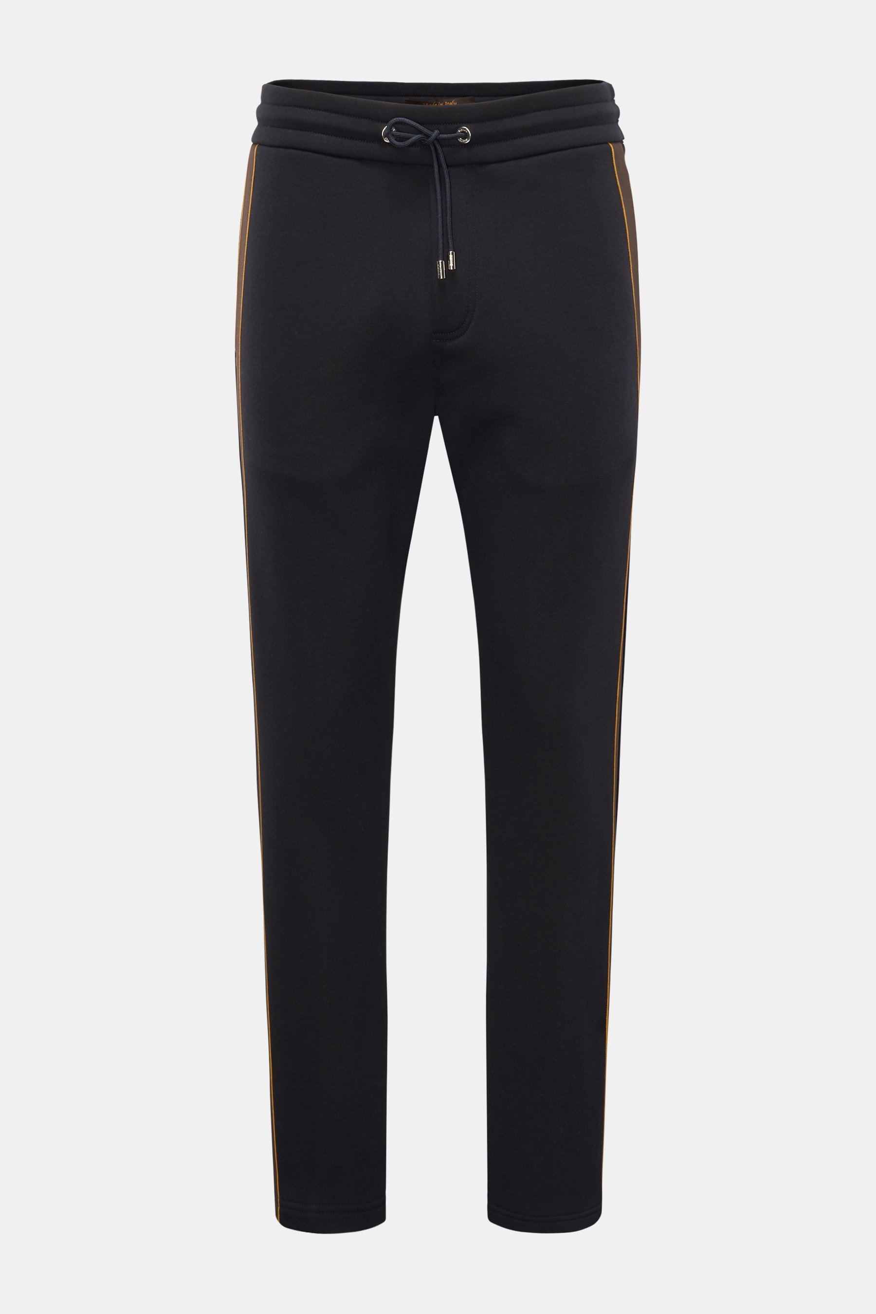 Front view of Moorer Sweat pants 'Jaiden' dark navy, slim fit, high waist, pure cotton sweat, soft feel, drawstring waistband, contrasting side stripes, French pockets, patch back pocket with button.