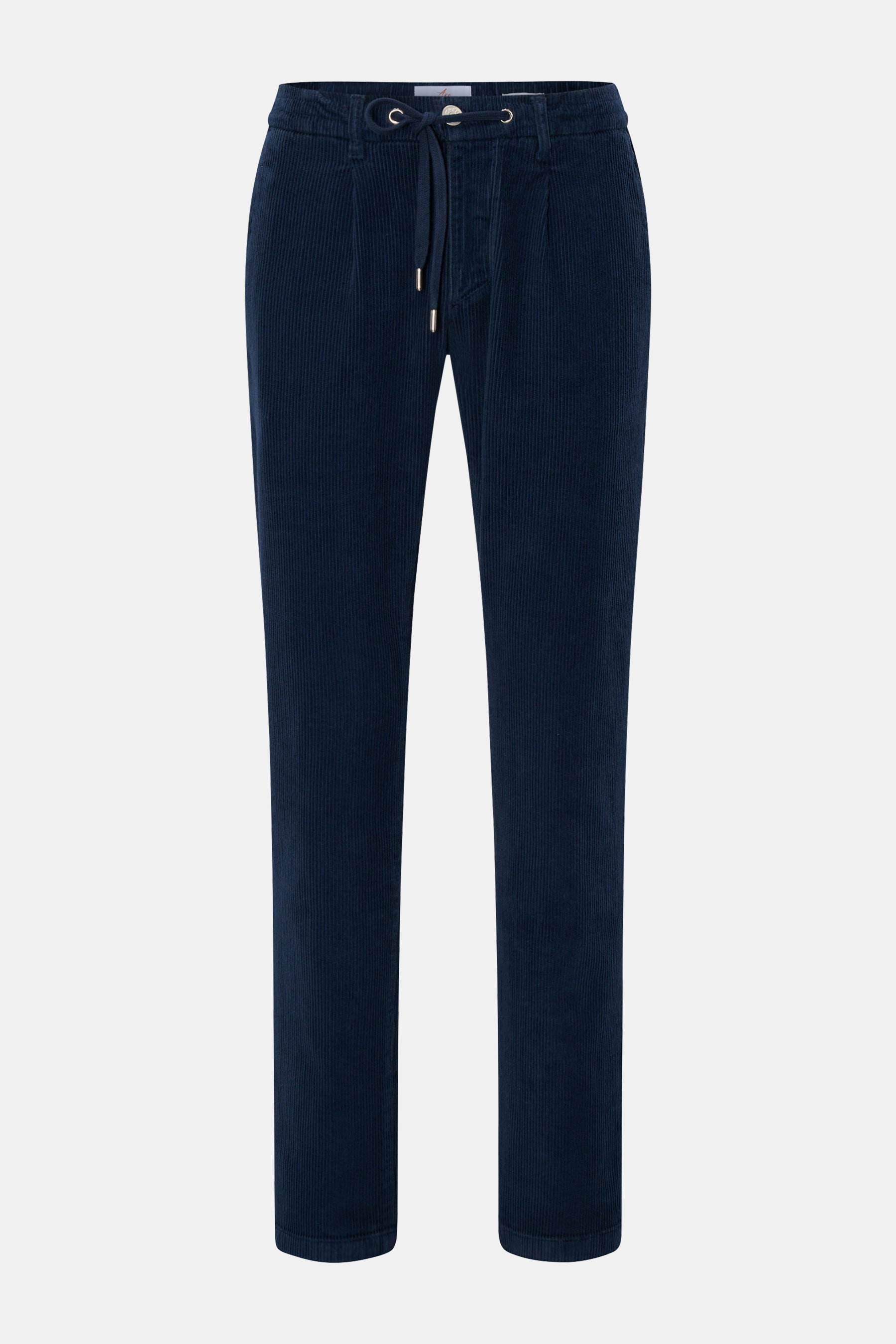 Ace Denim Cord-Jogpants navy aus reiner Baumwolle in Slim Fit, schmal zulaufend, mit elastischem Bund, Tunnelzug, Bundknopf, Reißverschluss und französischen Taschen, Frontalansicht.