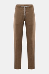Marco Pescarolo Jogpants 'Caracciolo' braun aus leichter Leinen-Lyocell-Mischung, Regular Fit, schmal zulaufend, mit elastischem Bund und Tunnelzug, Reißverschluss, Bundknopf, französischen Taschen, paspelierten Gesäßtaschen mit Zipper und fixiertem Sauma