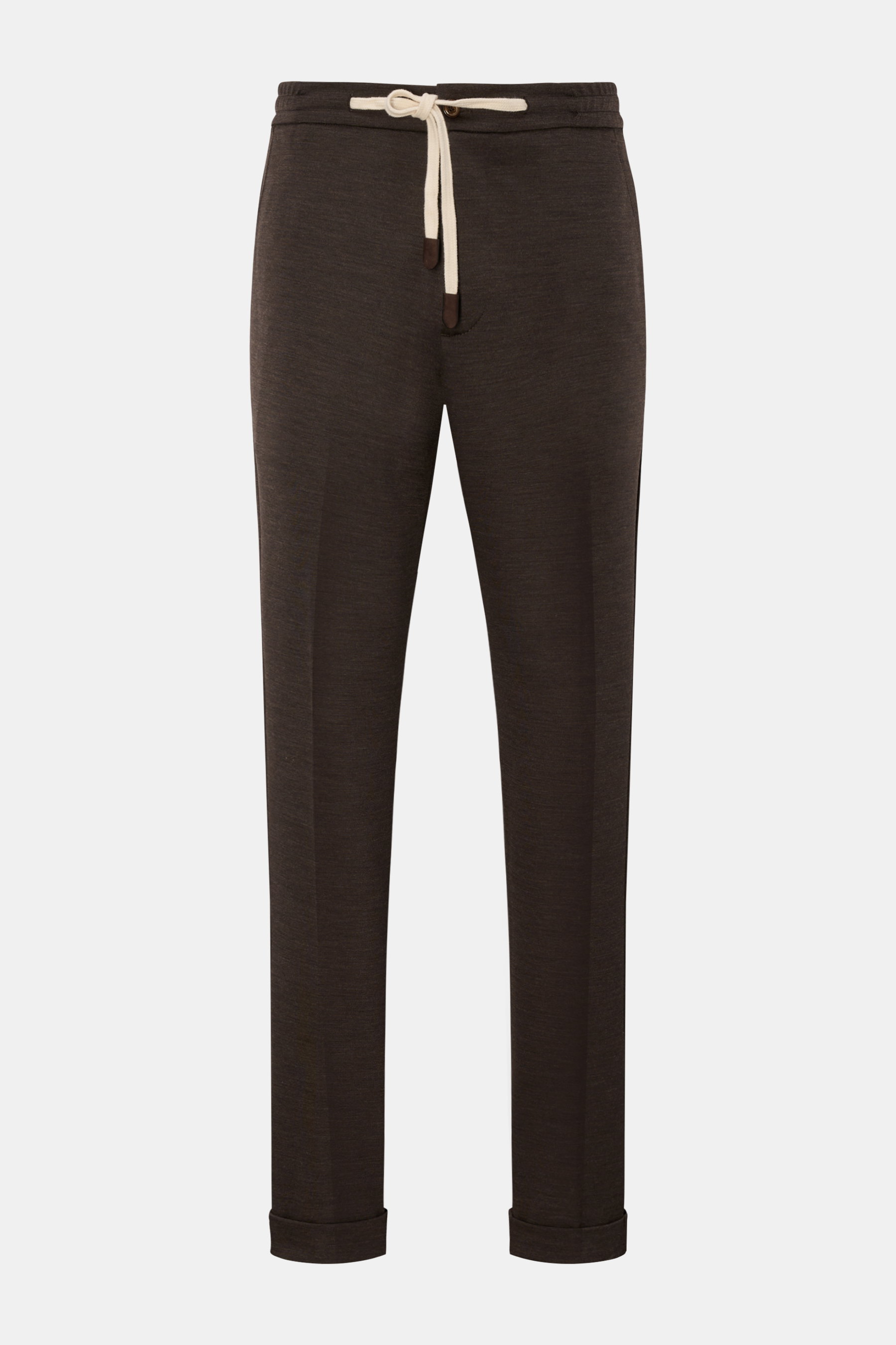 Marco Pescarolo Jogpants 'Caracciolo' dunkelbraun meliert, frontale Nahaufnahme, schmal zulaufend, elastischer Bund mit Tunnelzug, paspelierte Taschen, fixierter Saumaufschlag, geschmeidige Wolle, Regular Fit.