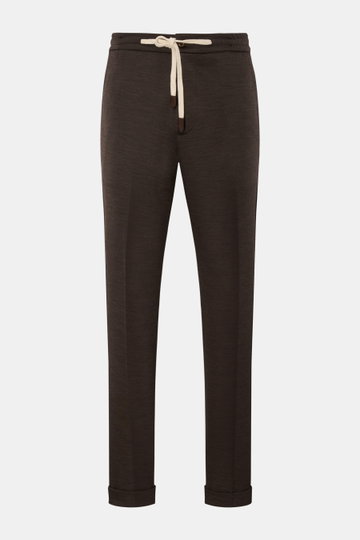 Marco Pescarolo Jogpants 'Caracciolo' dunkelbraun meliert, frontale Nahaufnahme, schmal zulaufend, elastischer Bund mit Tunnelzug, paspelierte Taschen, fixierter Saumaufschlag, geschmeidige Wolle, Regular Fit.