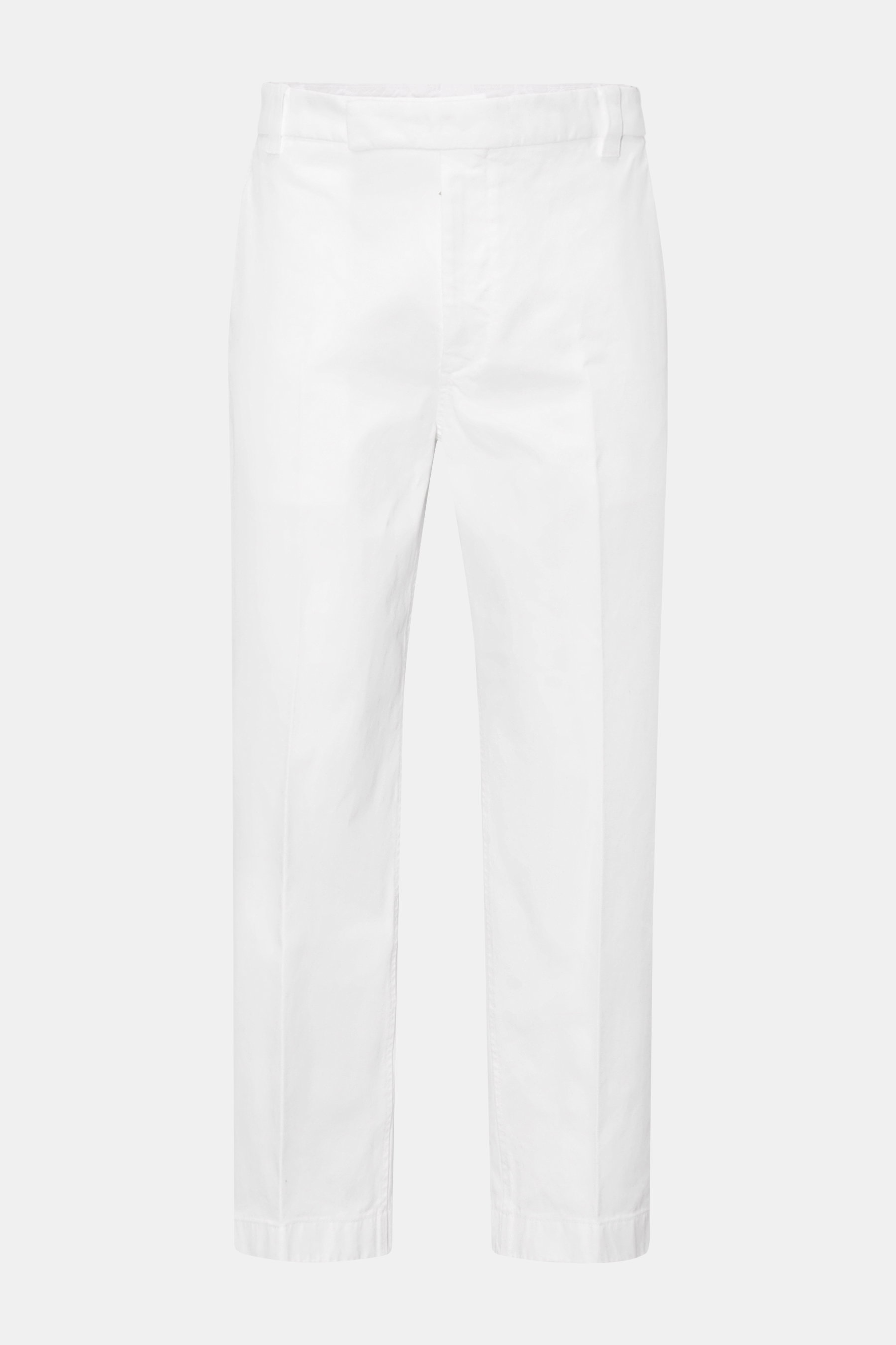 Front view of Thom Browne Chinos white in pure cotton twill with tapered fit, regular thigh, ankle length, straight cut, zip and hook fastener, French and jetted back pockets; eye-catching for spring with heavy fabric.