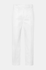 Thom Browne Chino weiß frontale Ansicht, aus schwerem Baumwoll-Twill mit Tapered Fit, knöchellang, französischen Taschen, Bundhaken.
