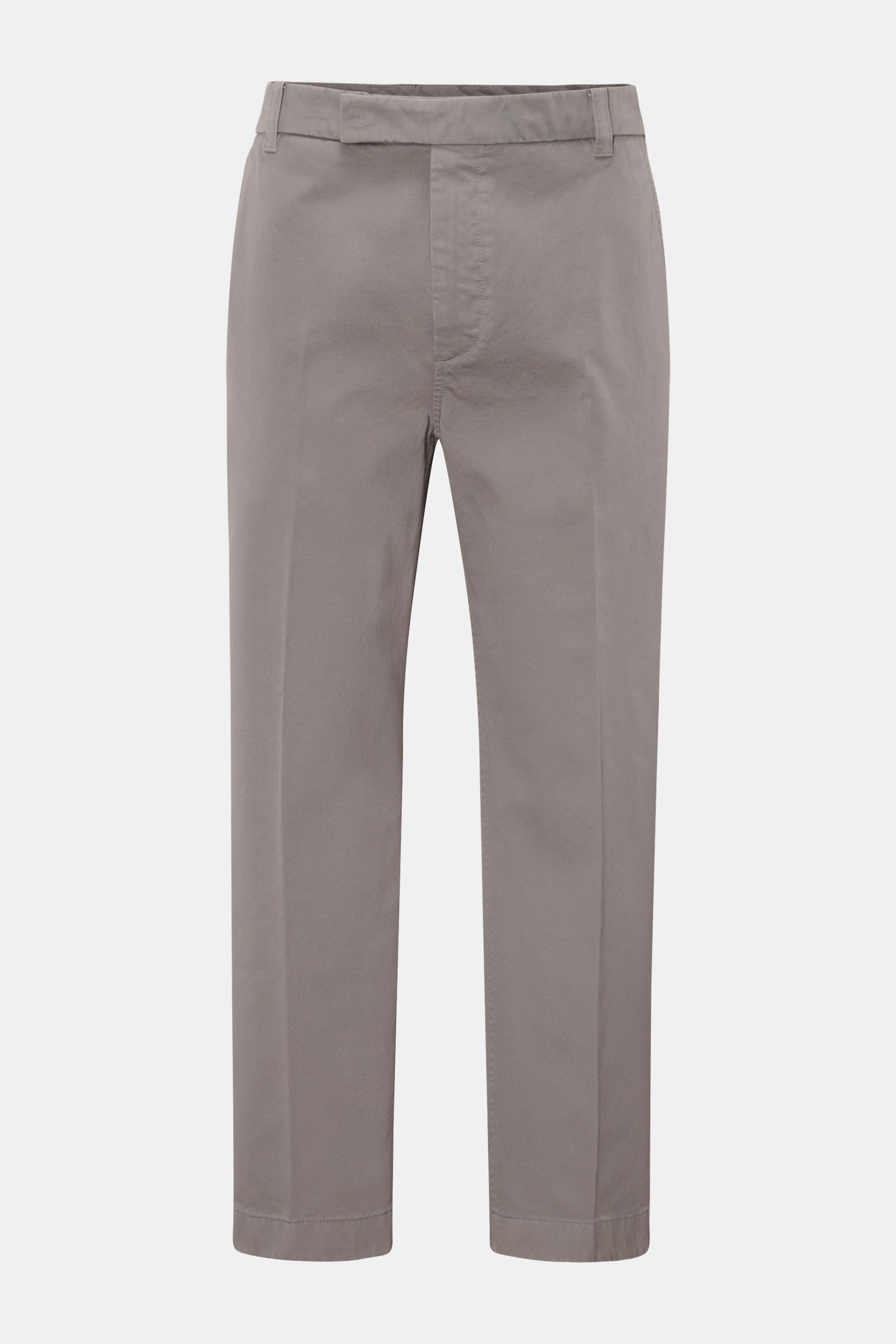 Front view of Thom Browne Chinos grey in pure cotton twill with tapered fit, regular thigh, ankle length, straight cut, zip and hook fastener, French pockets, and jetted back pockets, ideal for spring sophistication.