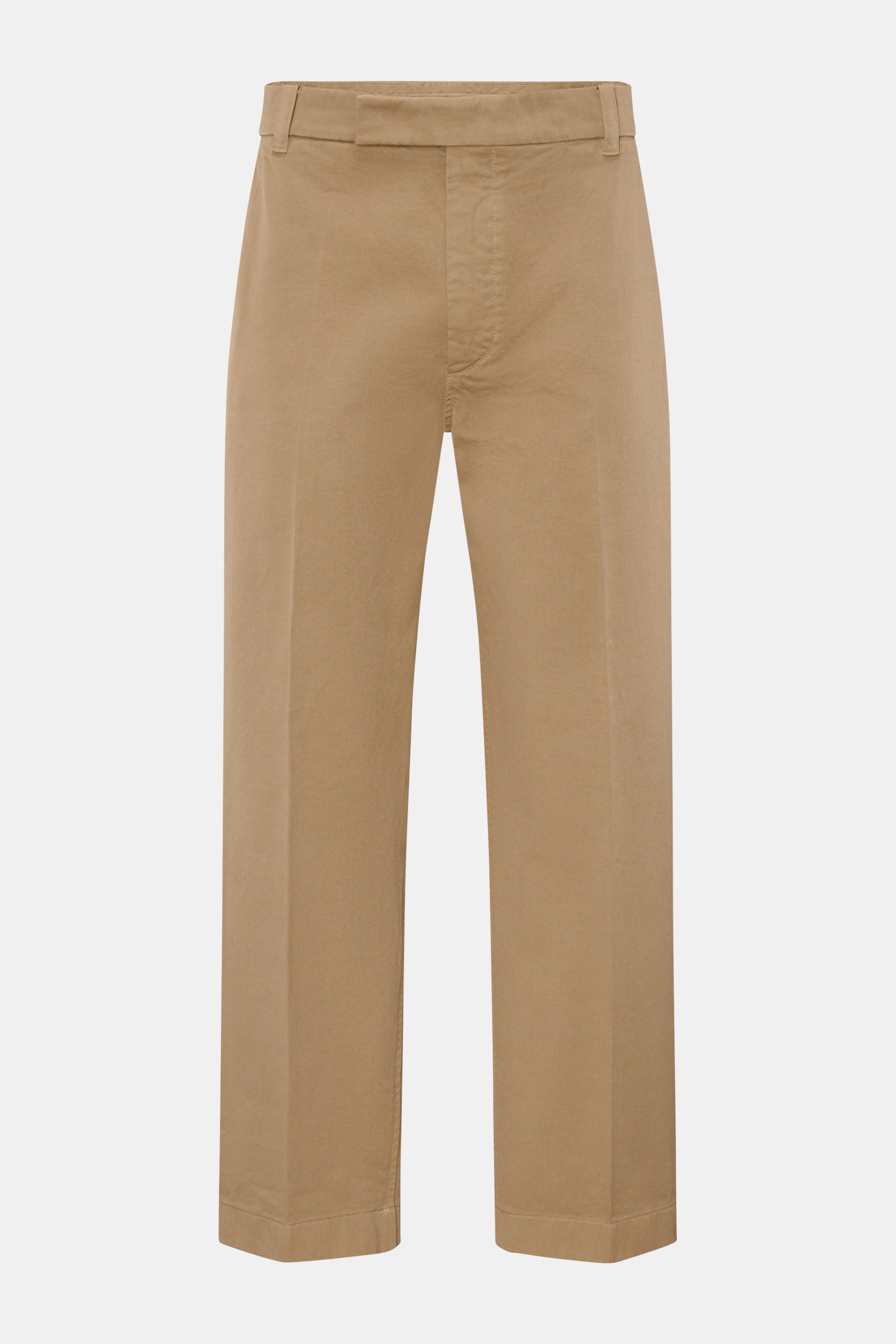 Front view of Thom Browne Chinos light brown in pure cotton twill, tapered fit with regular thigh width, ankle length, zip and hook fastener, French and jetted back pockets; eye-catching for spring with firm, heavy fabric.