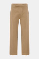 Front view of Thom Browne Chinos light brown in pure cotton twill, tapered fit with regular thigh width, ankle length, zip and hook fastener, French and jetted back pockets; eye-catching for spring with firm, heavy fabric.