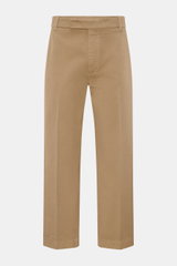 Front view of Thom Browne Chinos light brown in pure cotton twill, tapered fit with regular thigh width, ankle length, zip and hook fastener, French and jetted back pockets; eye-catching for spring with firm, heavy fabric.