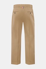 Rear view of Thom Browne Chinos light brown in pure cotton twill, featuring tapered fit, zip and hook fastener, French and jetted back pockets.