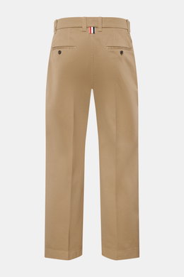 Rear view of Thom Browne Chinos light brown in pure cotton twill, featuring tapered fit, zip and hook fastener, French and jetted back pockets.