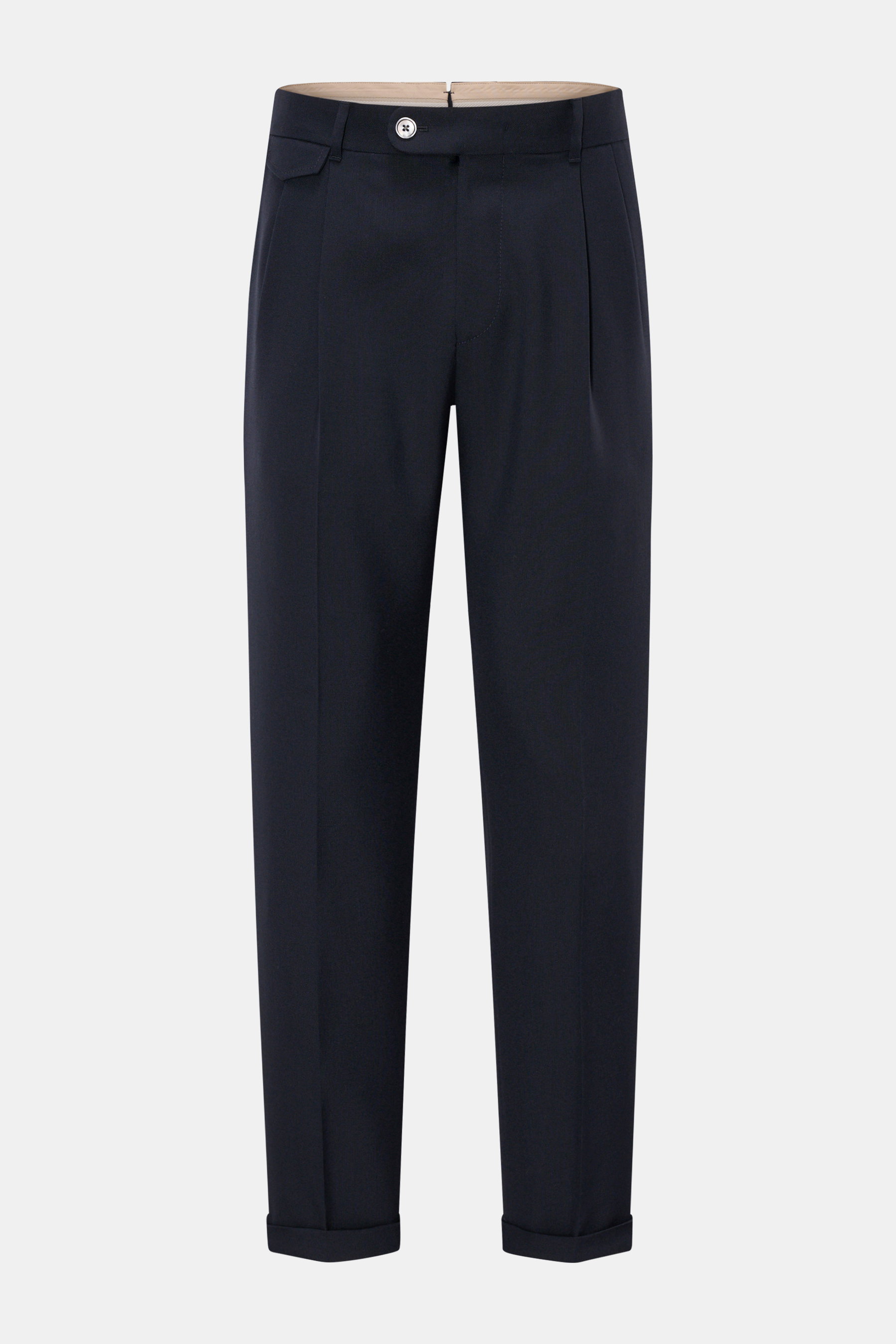 Frontale Aufnahme der Windsor Wollhose 'Serpo' navy aus reiner Wolle mit Bundfalten, französischen Taschen, geknöpften Gesäßtaschen und fixiertem Saumaufschlag.
