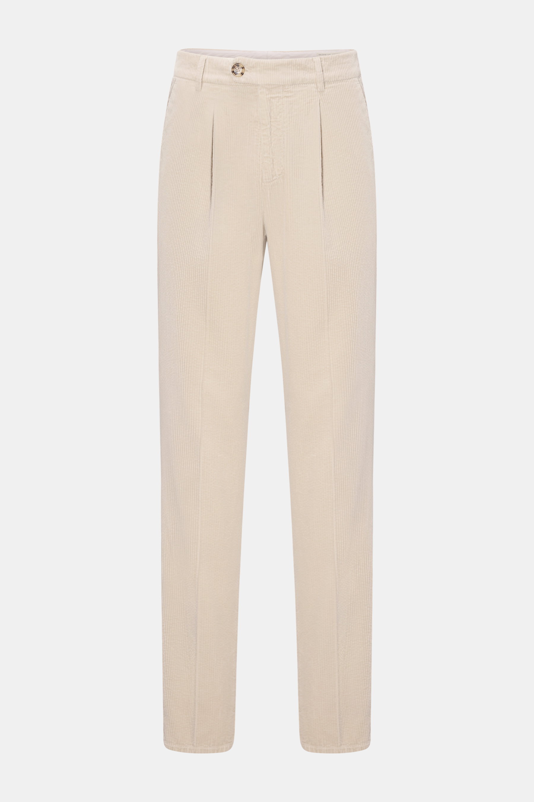 Brunello Cucinelli Cordhose creme, frontale Ansicht, reine Baumwolle, Regular Fit, sehr schmal zulaufend, Bundfalte, französische Taschen, paspelierte Gesäßtaschen, Reißverschluss und Bundknopf.