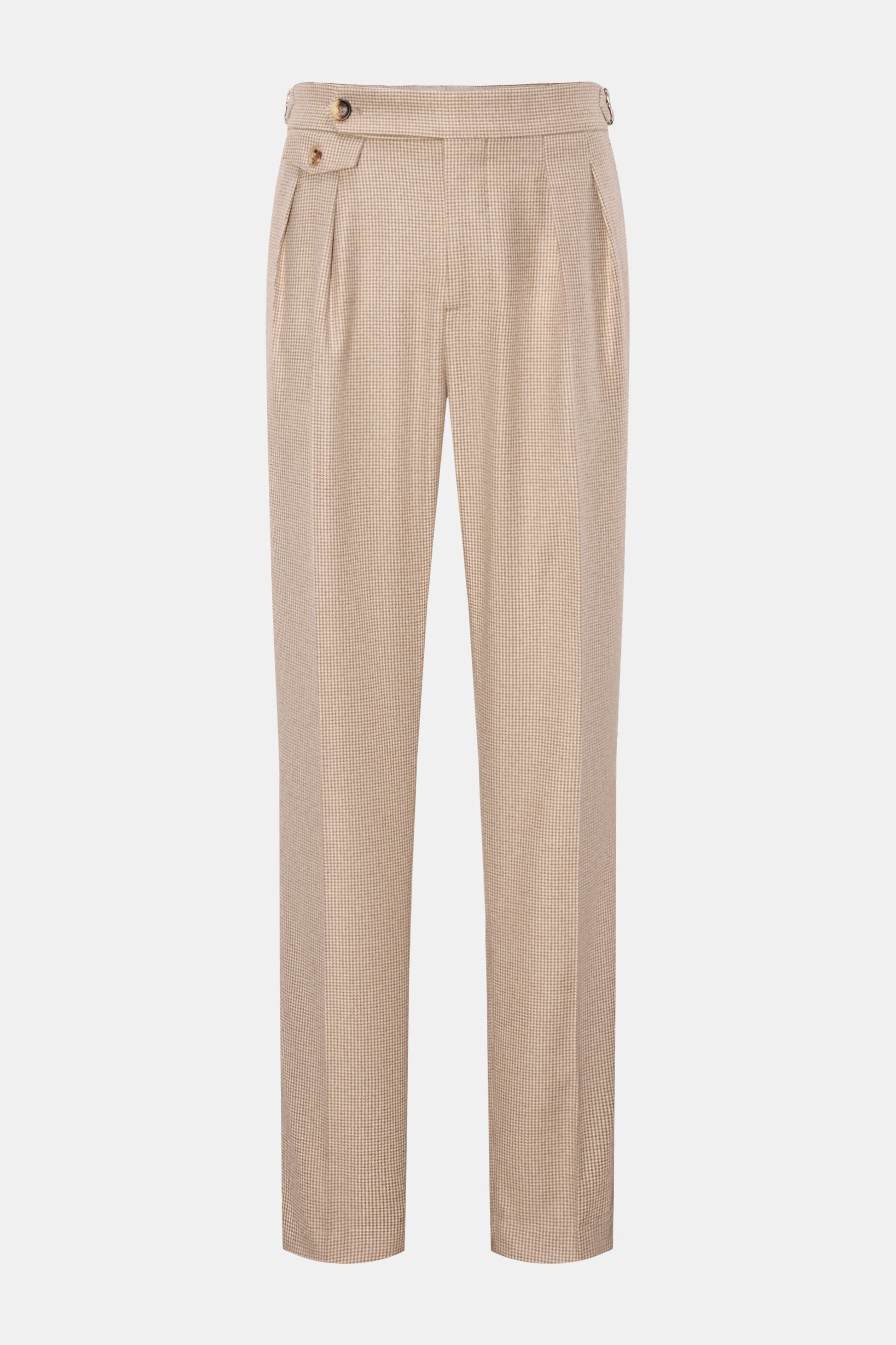 Brunello Cucinelli Hose beige/hellbraun/taupe kariert, frontale Ansicht, Regular Fit mit feinem Hahnentritt, Bundknopf, Side Adjuster, französische Taschen.