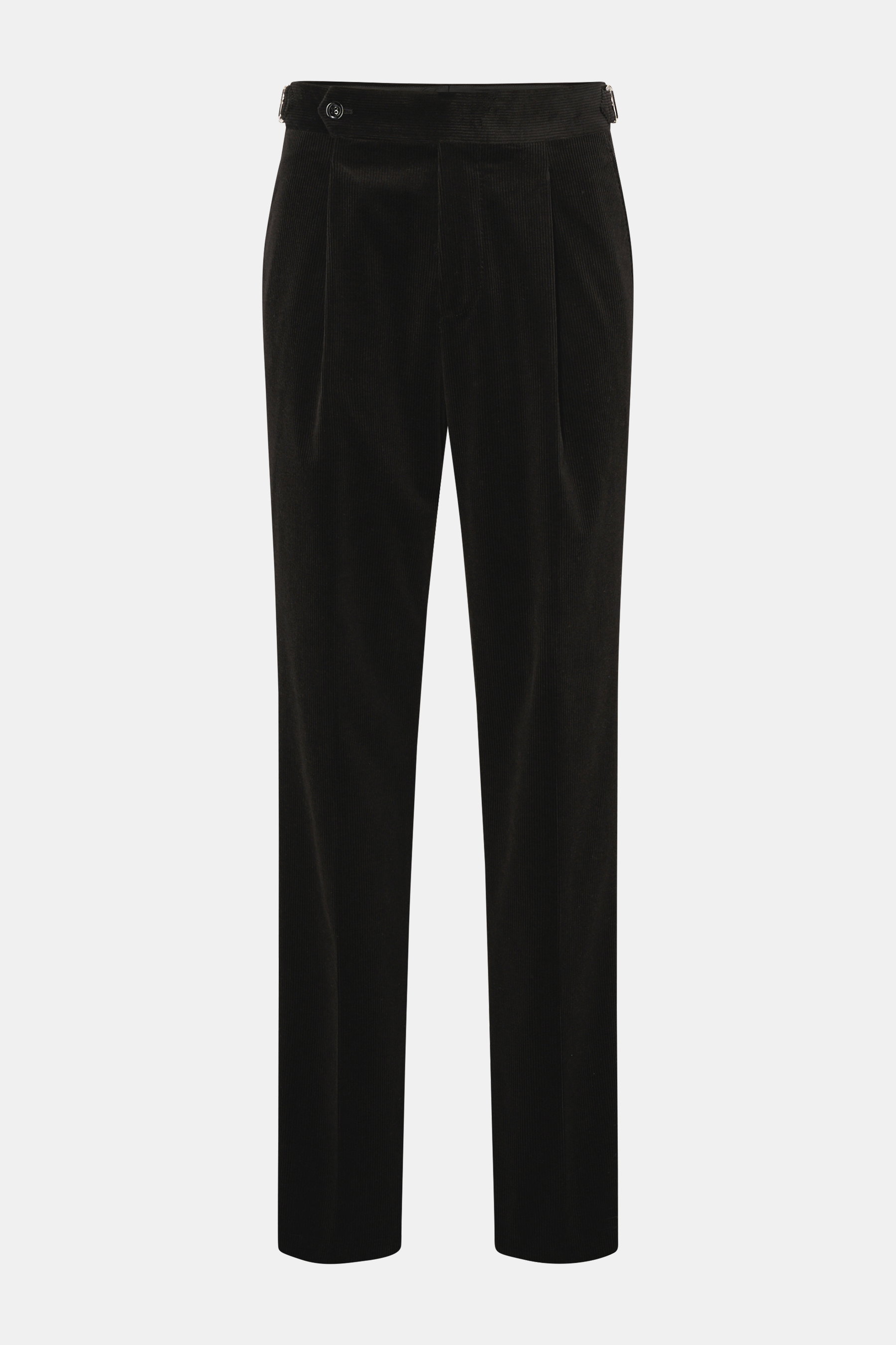 Brunello Cucinelli Cordhose schwarz, frontale Ansicht, Regular Fit, Baumwolle-Cashmere-Mix, weicher Griff, Bund mit Knopf, Side Adjuster, französische Taschen.