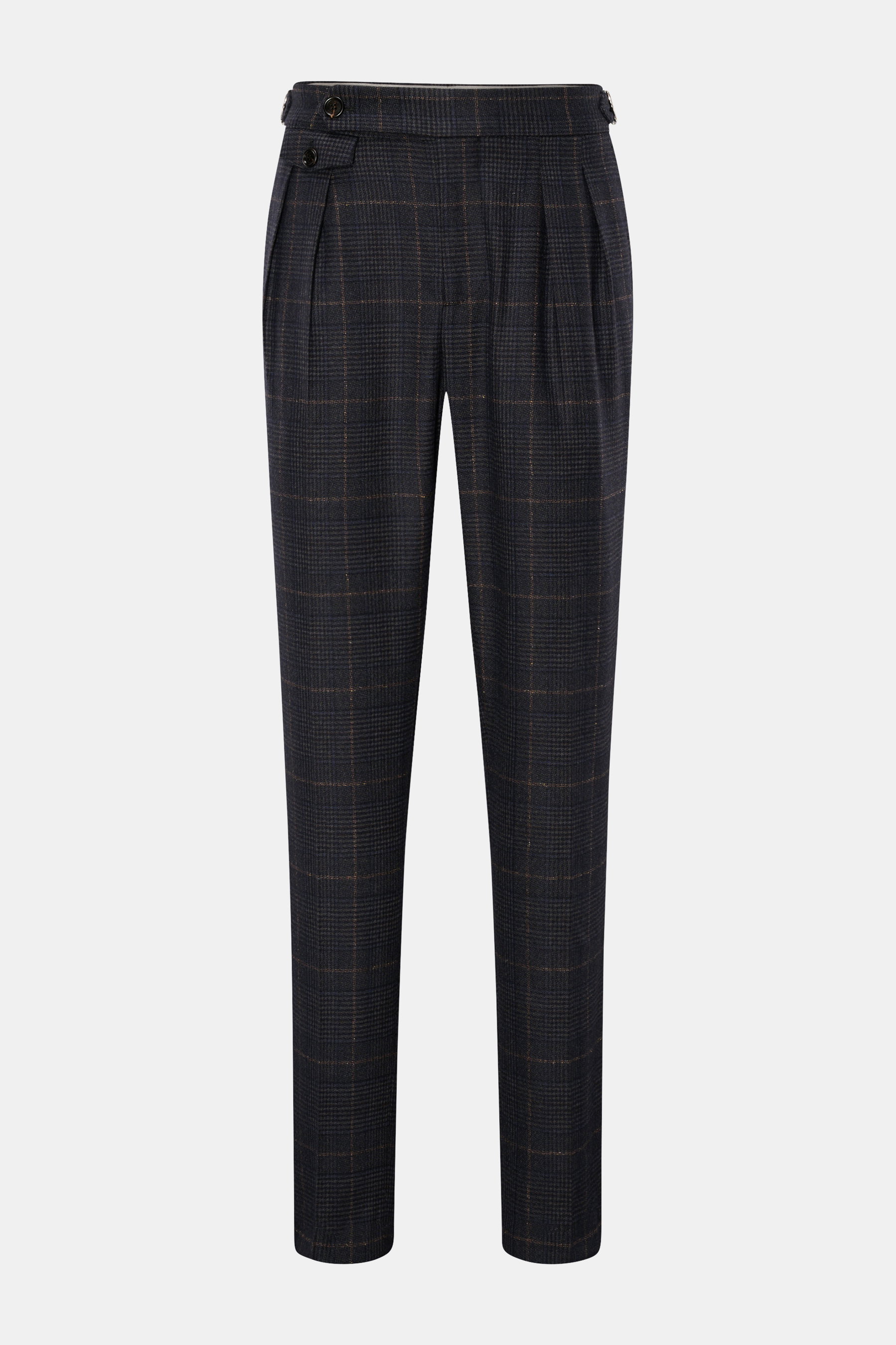 Brunello Cucinelli Wollhose dunkelgrau/navy/hellbraun kariert, frontale Aufnahme, Regular Fit, schmal zulaufend, Glencheck, Side Adjuster, Bundfalte, französische Taschen.