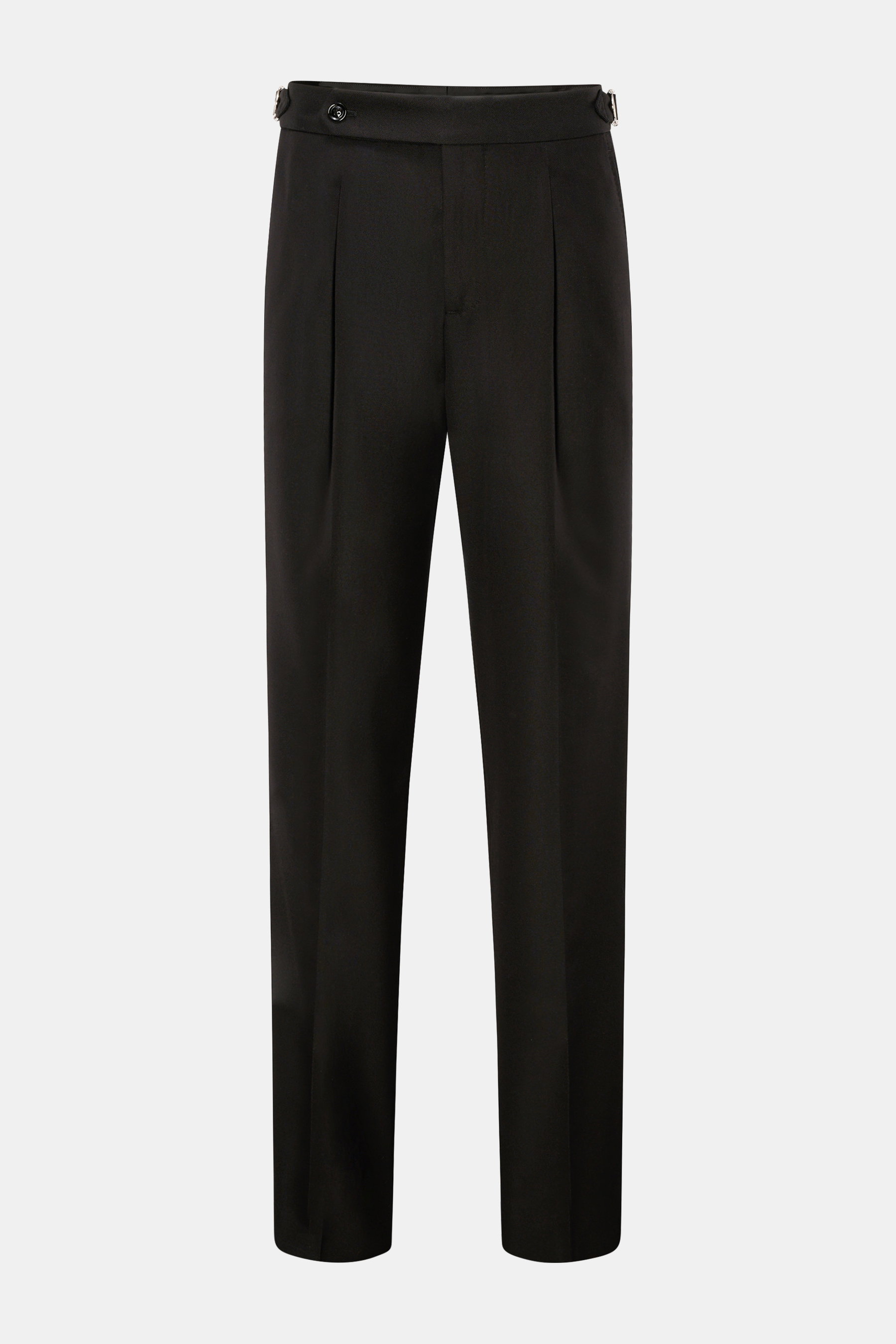 Brunello Cucinelli Hose schwarz, frontale Ansicht, Regular Fit, Seiden-Wollmischung, Bundknopf, Reißverschluss, Side Adjuster, Galonstreifen, Bundfalte, französische Taschen, paspelierte Gesäßtaschen, offene Länge.