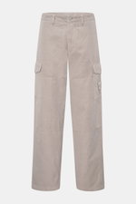 Stone Island Cargo pants 'Ghost Piece' beige, front view, cotton and linen blend, lightweight, regular fit, straight cut, garment-dyed, button and zip waist, side seam and patch cargo pockets with flap and snap button, tonal compass badge, hip pockets on 