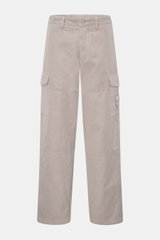 Stone Island Cargo pants 'Ghost Piece' beige, front view, cotton and linen blend, lightweight, regular fit, straight cut, garment-dyed, button and zip waist, side seam and patch cargo pockets with flap and snap button, tonal compass badge, hip pockets on 