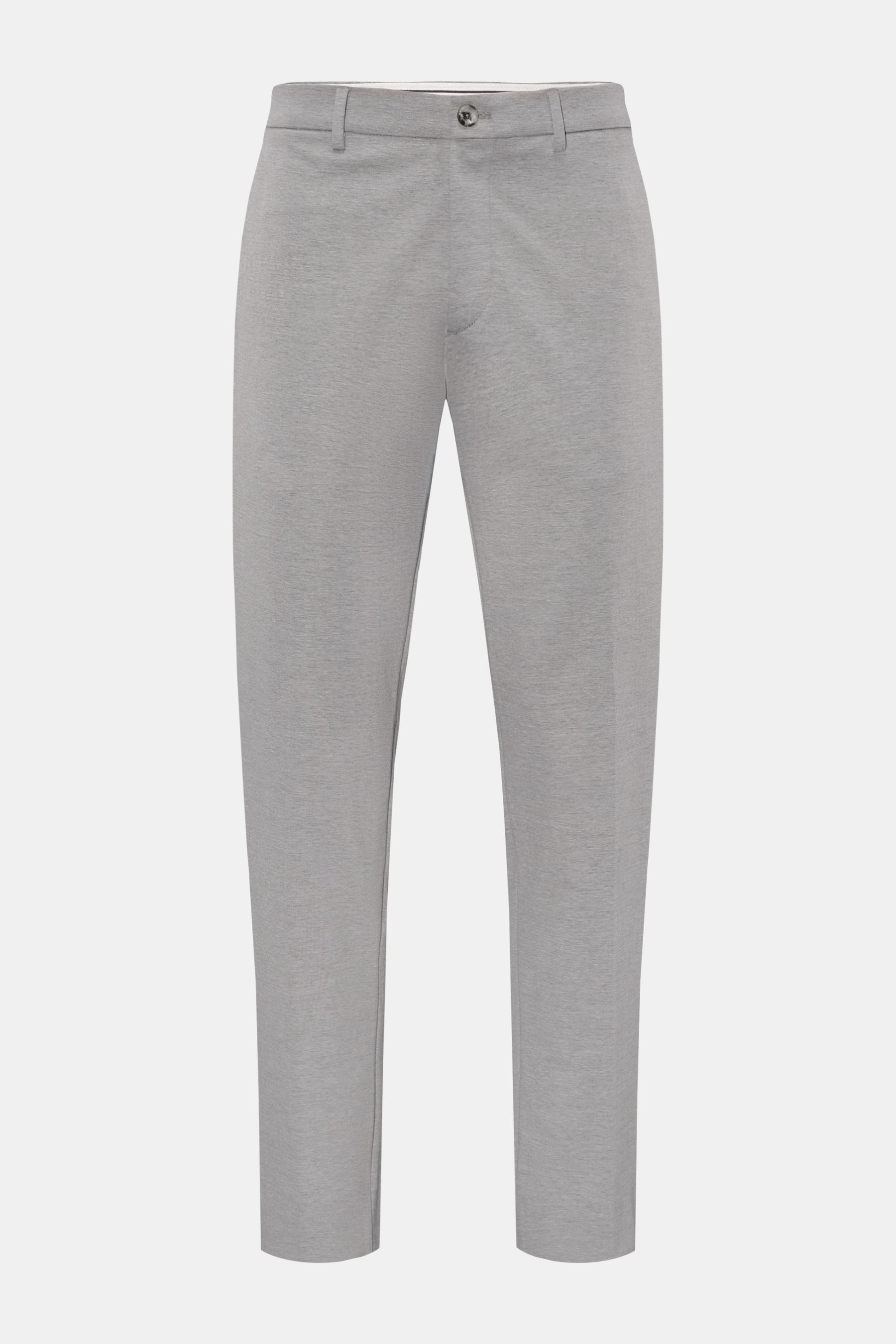 GTA Jersey-Hose 'Davide' grau meliert, knöchellang, tapered Fit, elastisch, mit Bundknopf, Reißverschluss, französischen Taschen, Vorderansicht.