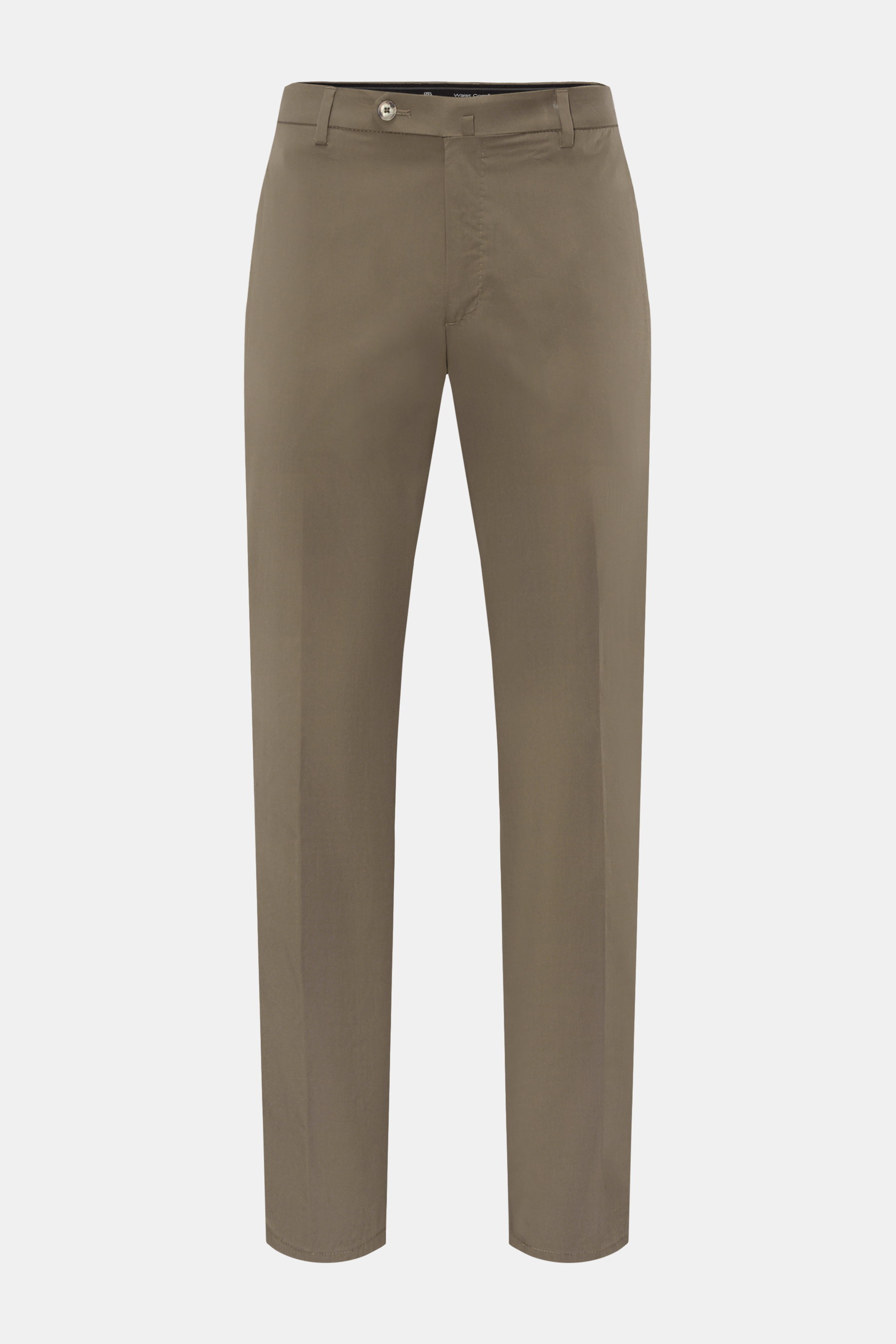 GTA Chino 'Federico RE' oliv, leichter Twill-Hose in Regular Fit, frontale Perspektive, Baumwoll-Microfaser-Mix, elastisch, mit Reißverschluss.