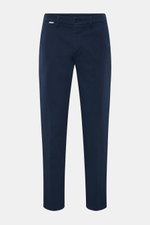 Front view of 04651/ A trip in a bag Chinos navy made of cotton twill with slightly elasticated, robust fabric, tapered fit, regular thigh width, ankle length, zip and waist button, French pockets, small woven label on the waist, and jetted back pockets.